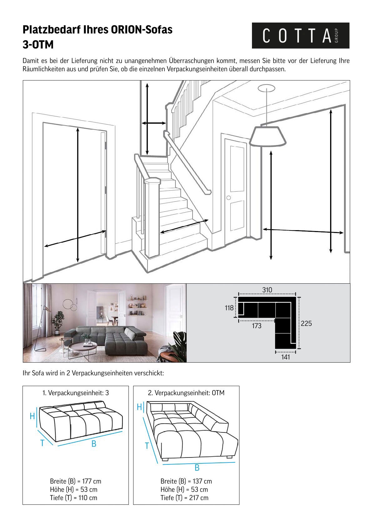 COTTA Ecksofa »Orion L-Form«, mit Ottomane, inklusive verstellbarer Kopfstützen und 5 Nierenkissen