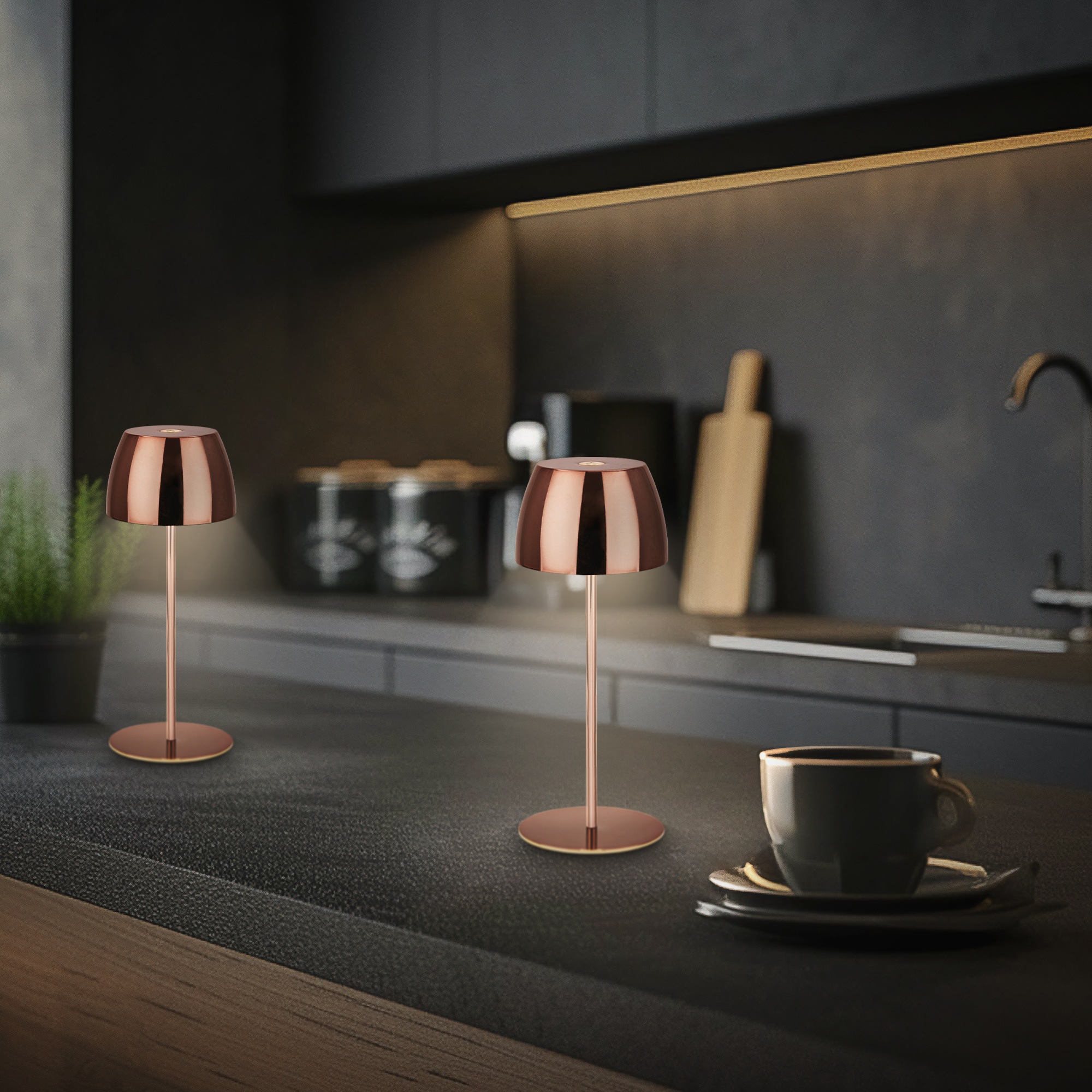 Briloner Leuchten LED Außen-Tischleuchte »SERINA MINI« LED-Modul 2 Stk. Warmweiß kabellos 20 x 8 cm Kupferfarbig 2,5W Wohnzimmer Schlafzimmer 2er-Set