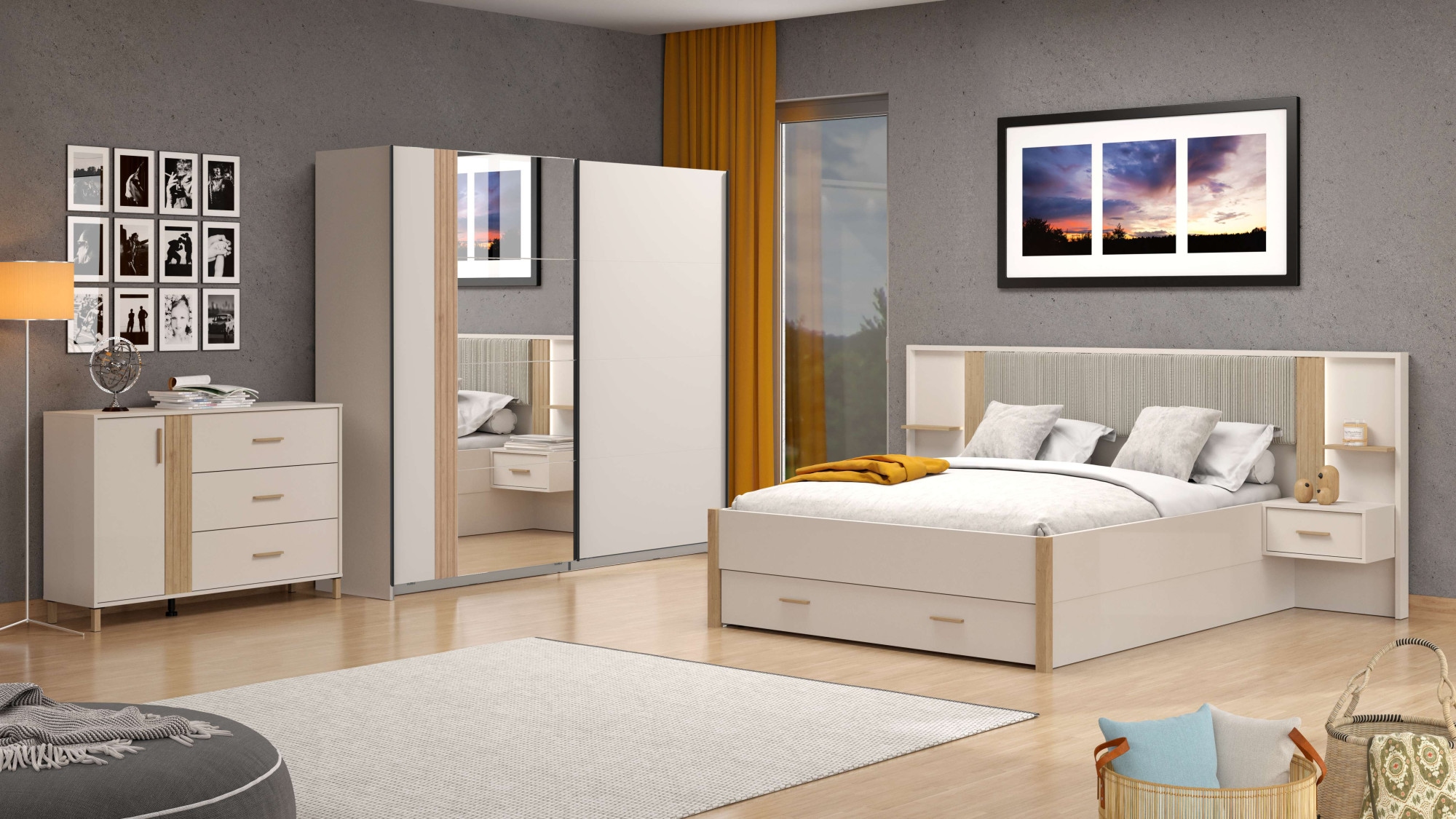 Home affaire Bett »Belfort Bettanlage, mit gepolstertem Kopfteil, weicher Cordstoff«, (Set, 3 tlg., Bett und 2 Wandpaneele mit Nachtkommoden), Liegefläche 160x200cm, FSC®-zertifizierter Holzwerkstoff