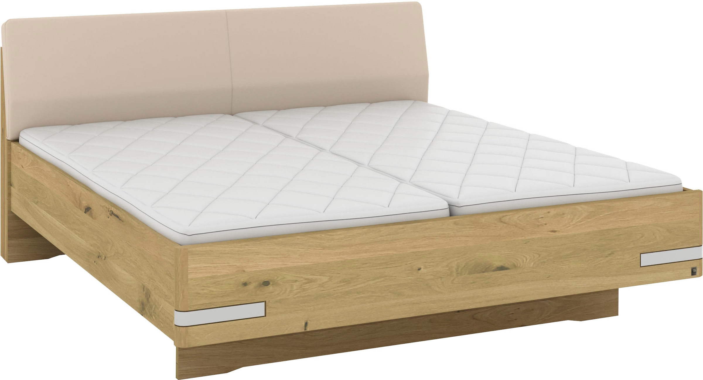 Musterring Holzbett »Savona, Bettgestell, Bettrahmen, teilmassiv Bianco-Eiche« Belastbarkeit 220 Kg, 4-fache Liegehöhenverstellung, MADE IN GERMANY,  Kopfteil Kunstleder Champagner, Details in Chrom, verschiedene Größen