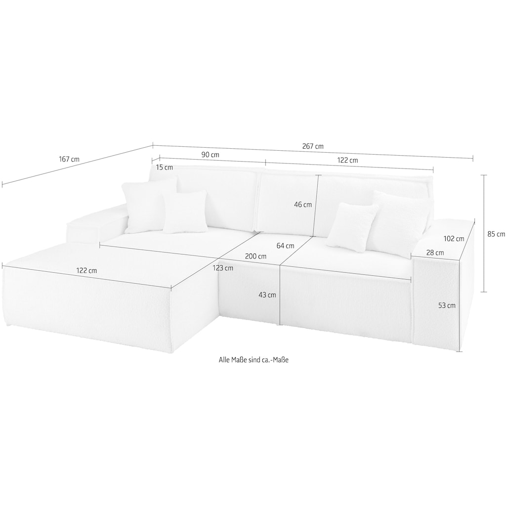 andas Ecksofa »Finnley Schlafsofa 267 cm in Bouclé u. Struktur fein, L-Form,«, Schlaffunktion m. Bettkasten (136/210 cm), Bouclé, Struktur