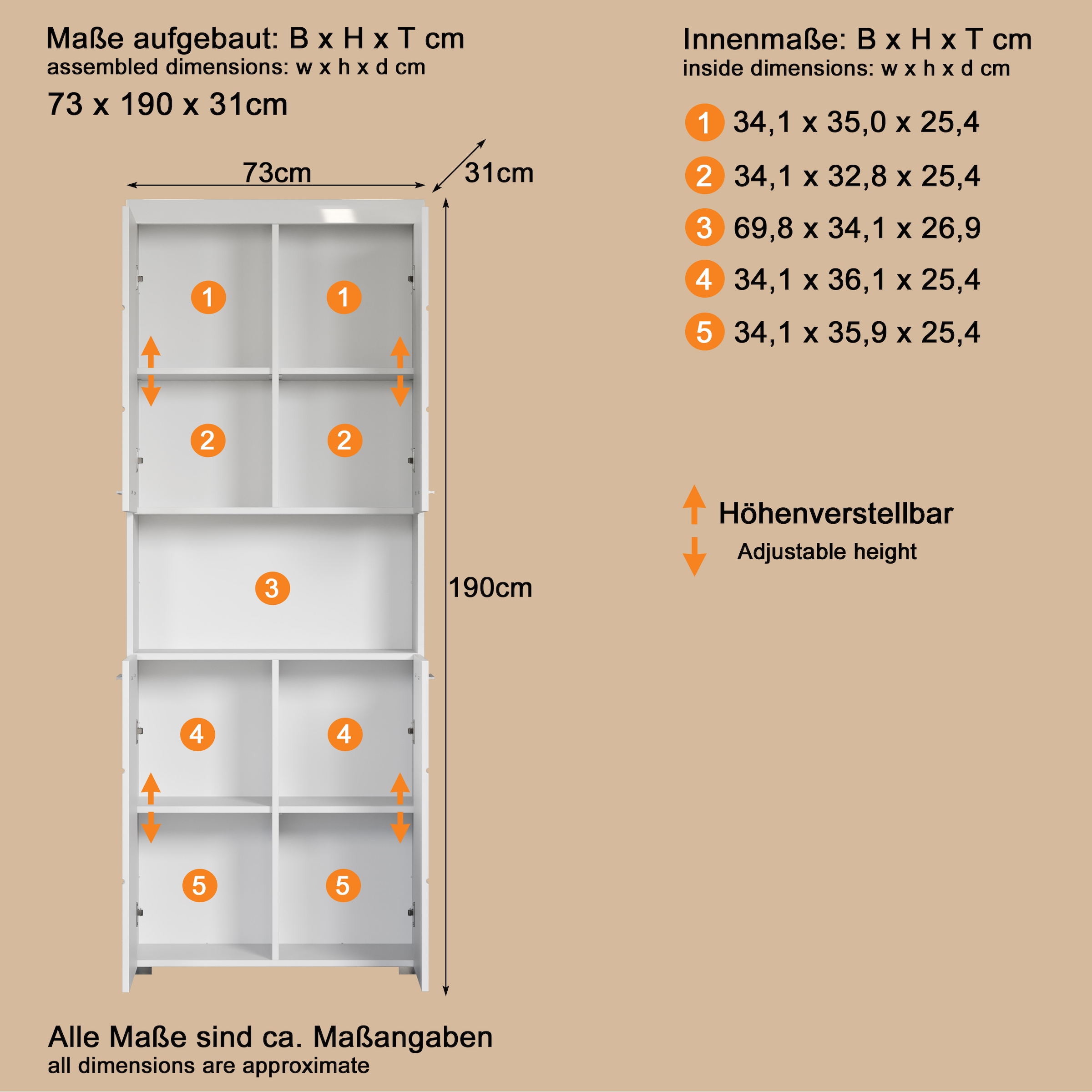 welltime Hochschrank »Avena« Badschrank 4-türig mit o. Fach und 4 Einlegeböden - B/T/H 73/31/190 cm