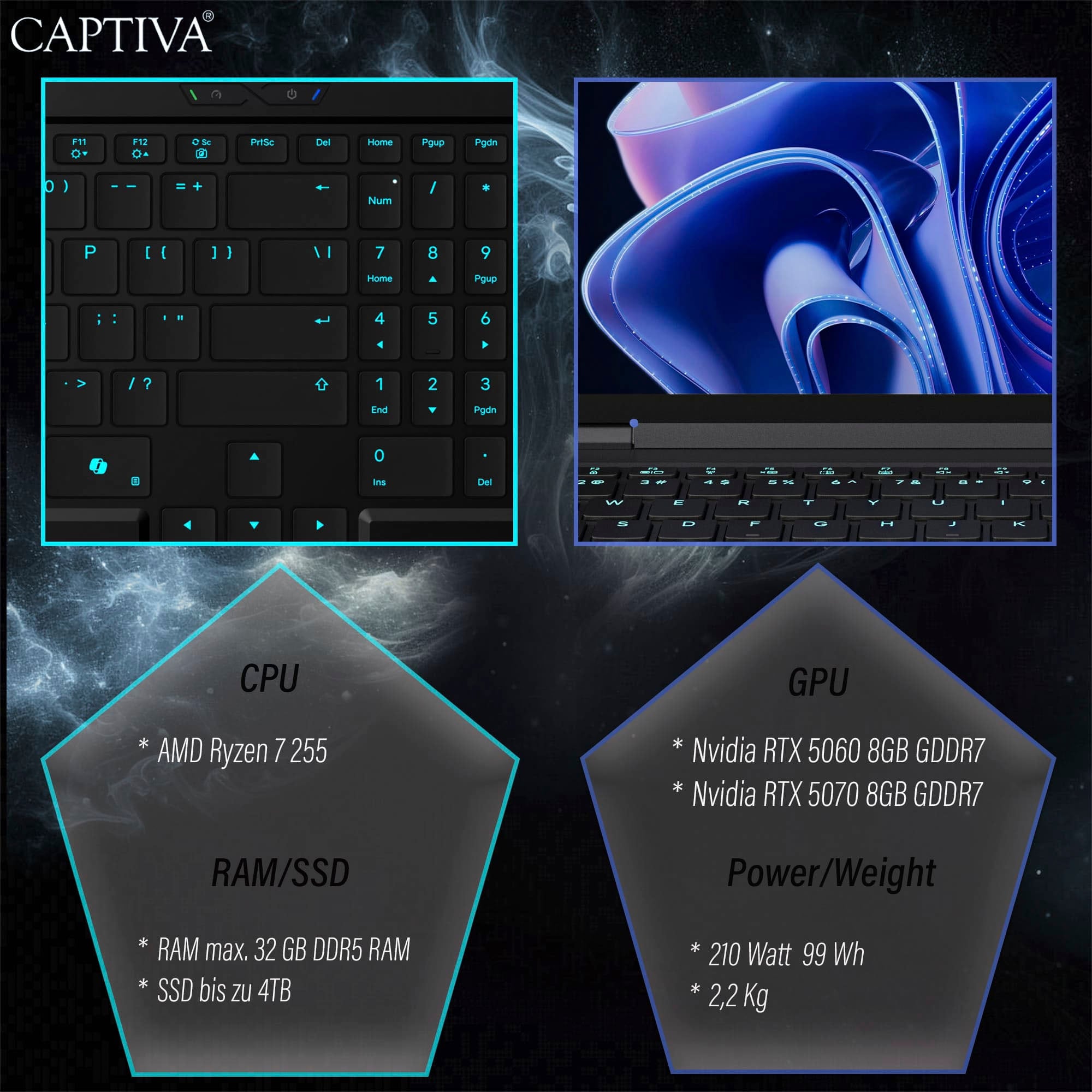 CAPTIVA Gaming-Notebook »Highend Gaming R10-1018GE« 38,9 cm / 15,3 ″ AMD Ryzen 7 GeForce RTX 5070 500 GB SSD