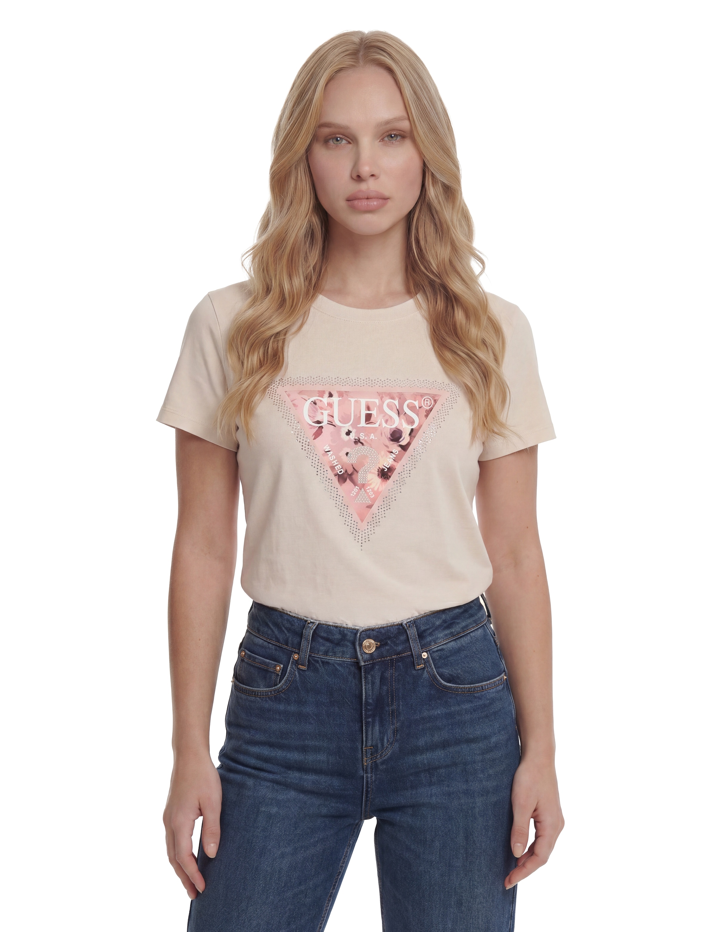 Guess T-Shirt »SS CN COSMOS CANVAS TRIANGLE T« mit Dreieckslogo, Slim Fit