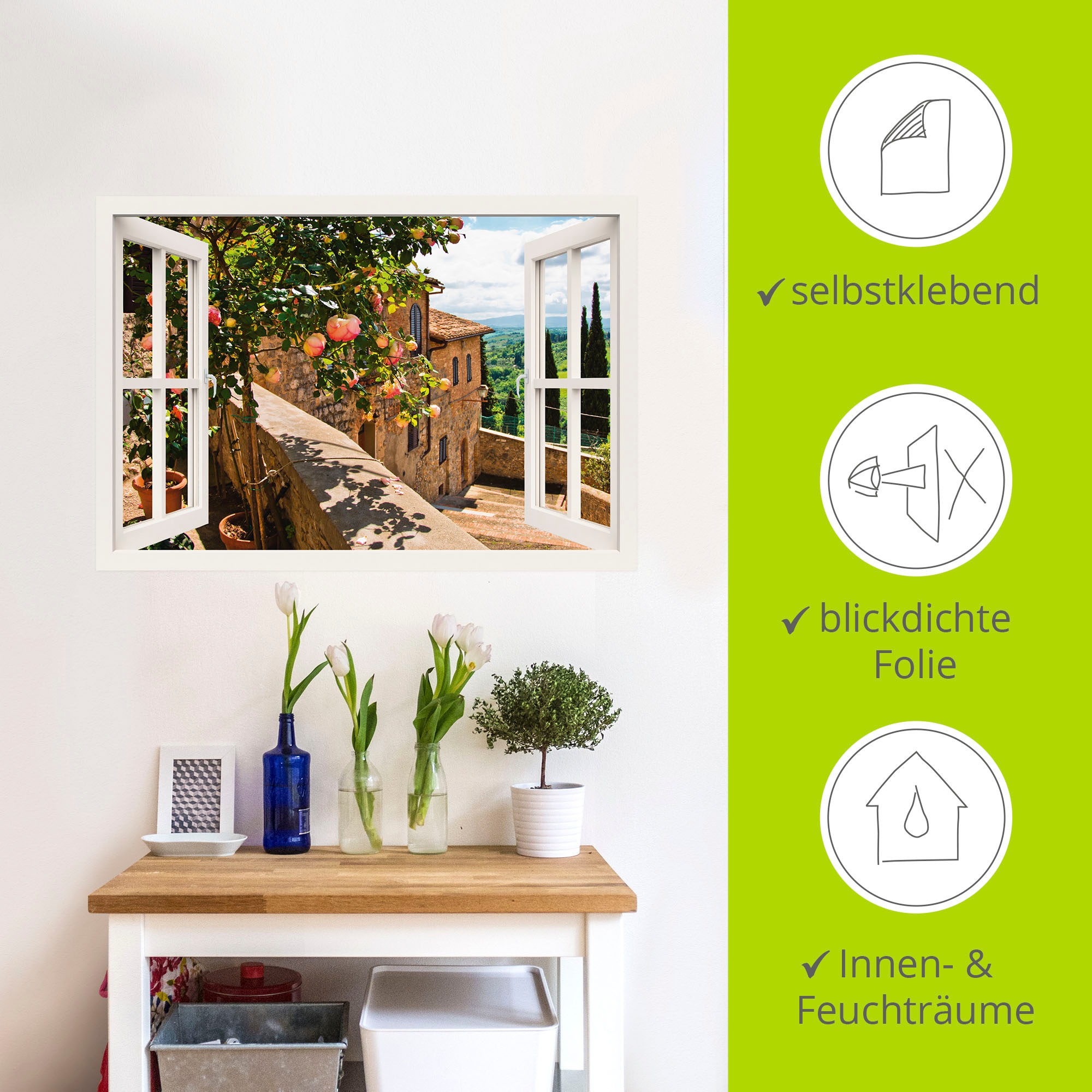 Artland Wandbild »Fensterblick Rosen auf Balkon Toskana«, Garten, (1 St.), als Alubild, Outdoorbild, Leinwandbild, Poster, Wandaufkleber