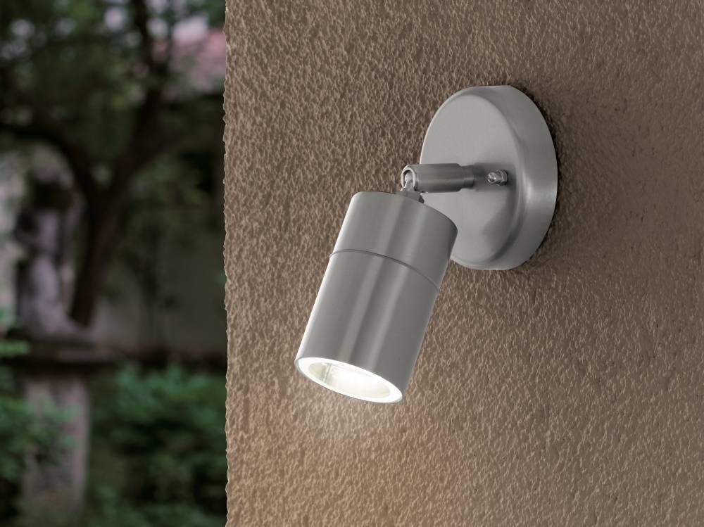 EGLO LED Außen-Wandleuchte »STOCKHOLM1 Spot, Wandspot, Außenleuchte, Eddelstahl, silber, IP44« GU10 1 Stk. Warmweiß Eckmontage möglich, GU10, Garten, Terrasse, Hauswand, Garage, 10cm