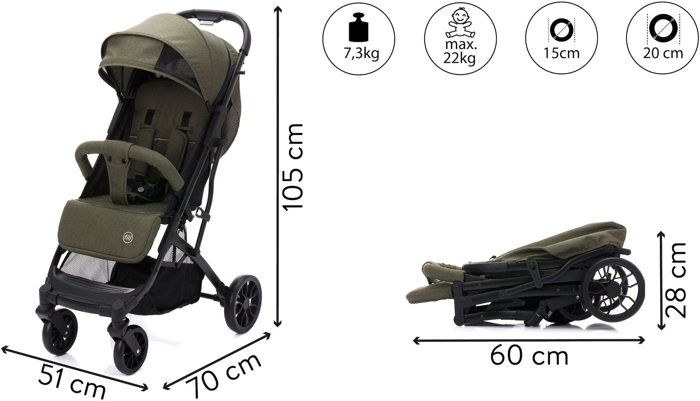 Fillikid Kinder-Buggy »Styler Elite, oliv melange«, 22 kg