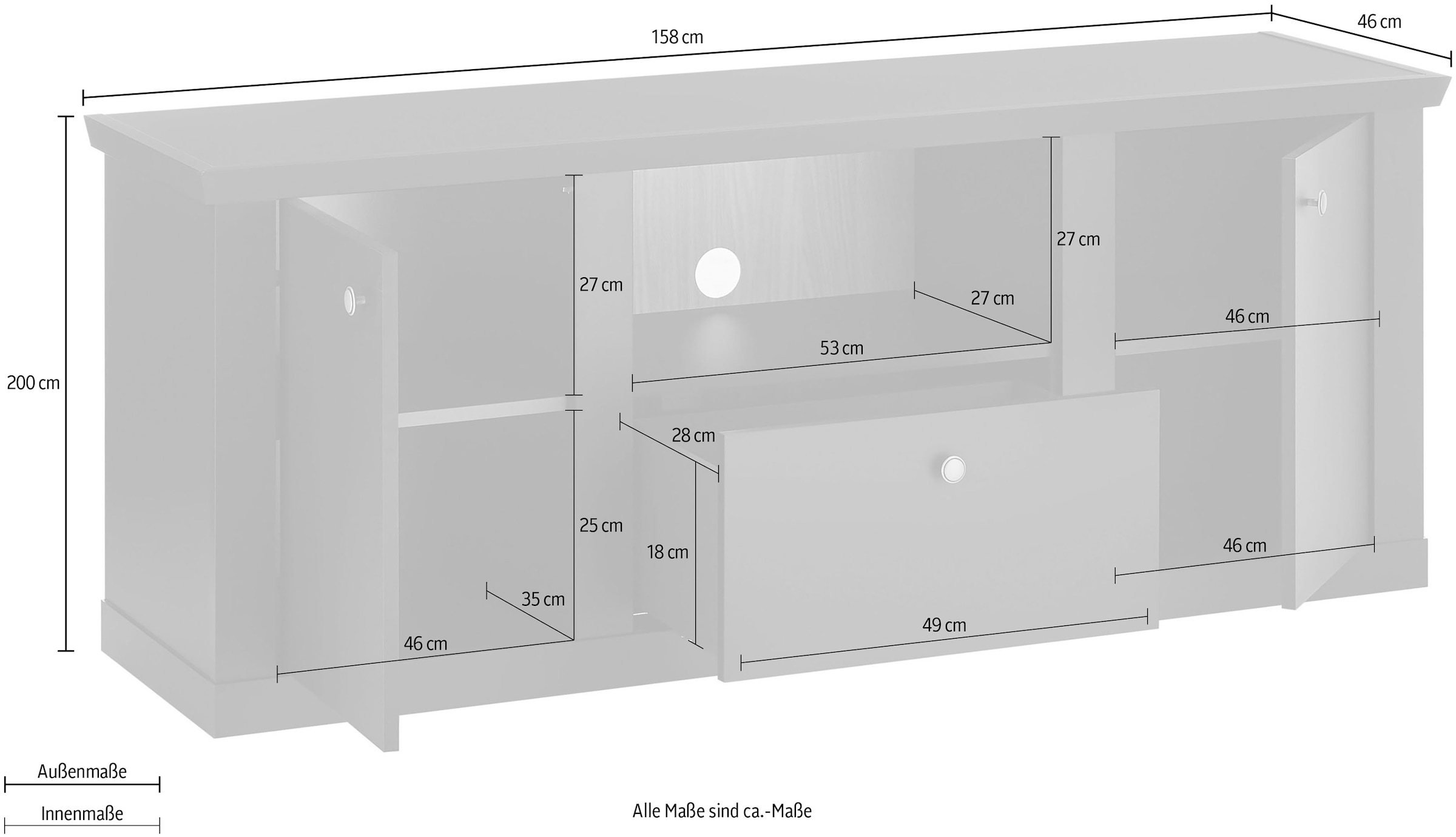 Home affaire Lowboard »Lincoln, moderner TV-Schrank, schwarze Kommode, TV-Unterschrank« edles Design, messingfarbene Knopfgriffe, in 2 Größen verfügbar
