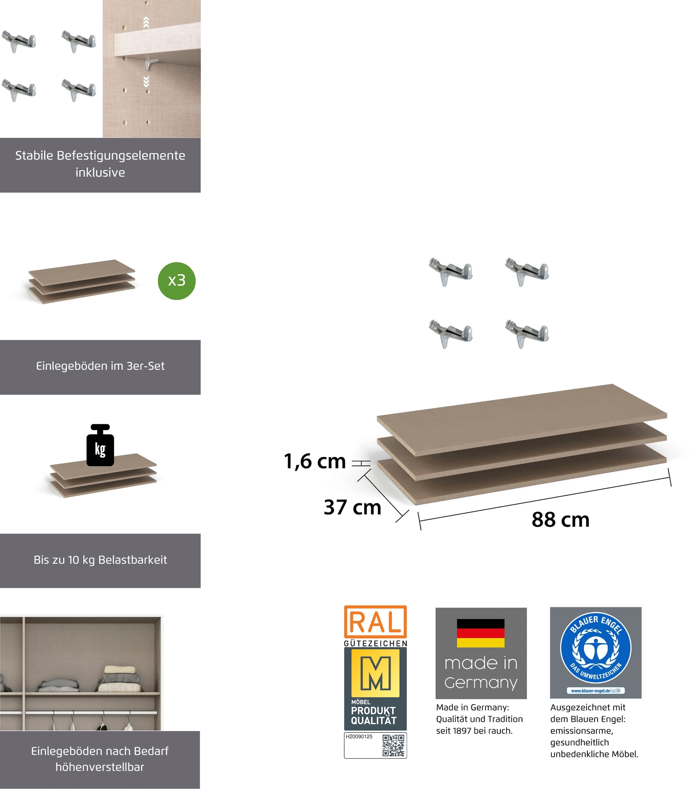 rauch Einlegeboden »Zubehör für Schränke der Serie MINOSA Schranktiefe 41 bzw. 48 cm« 2er-Set Breite 88 cm, Tiefe 37 cm