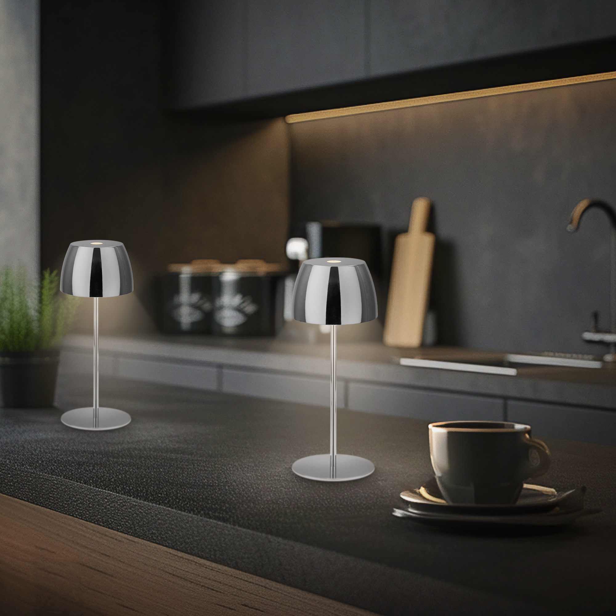 Briloner Leuchten LED Außen-Tischleuchte »SERINA MINI« LED-Modul 2 Stk. Warmweiß kabellos 20 x 8 cm Chromfarben 2,5W Wohnzimmer Schlafzimmer 2er-Set