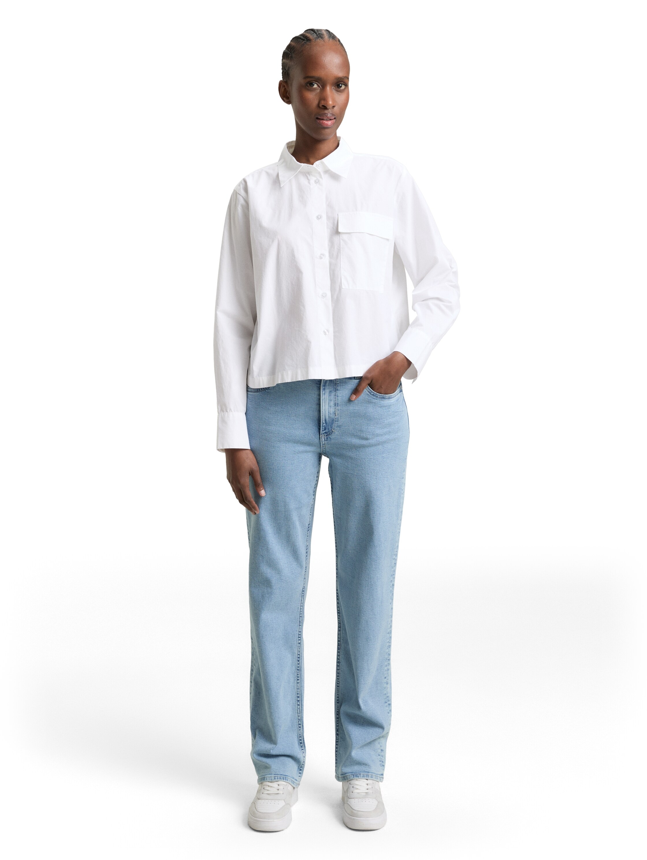TOM TAILOR Denim Langarmbluse gestreift, kurze Form, mit Brusttasche