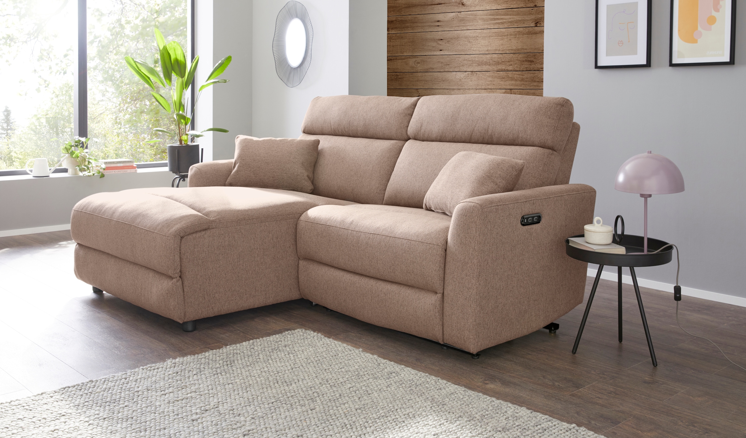 INOSIGN Ecksofa »JENNA, L-Form, 209cm, manuelle u. elektrische Funktion, mit USB A/C,«, Liegefunktion 105°-150°, Federkern, Struktur fein