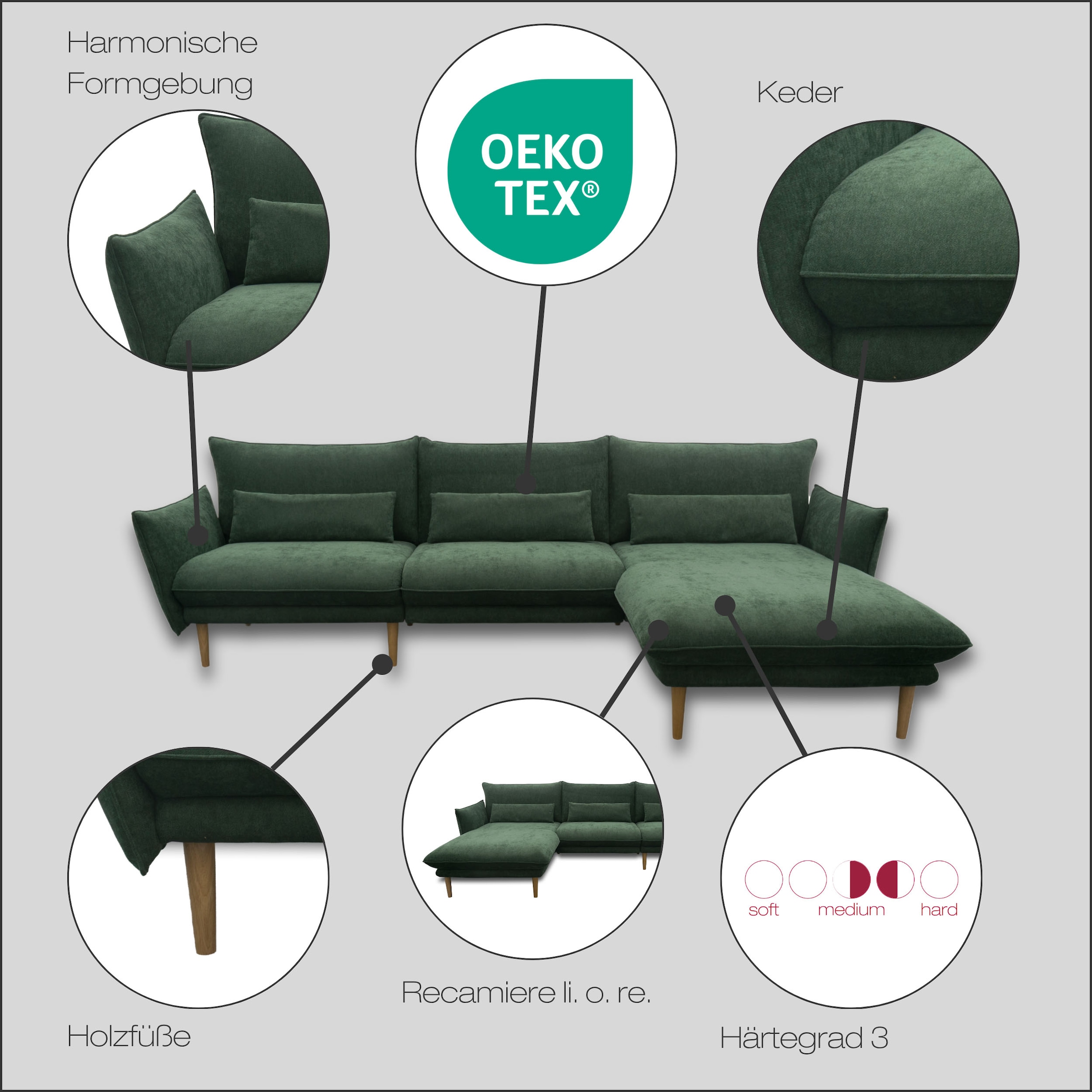 DOMO collection Ecksofa »Leuven modern mit schmalen Armlehnen, Breite 282 cm, L-Form« angenehm feste Polsterung, bodenfrei, 19 cm hohe Holzfüße