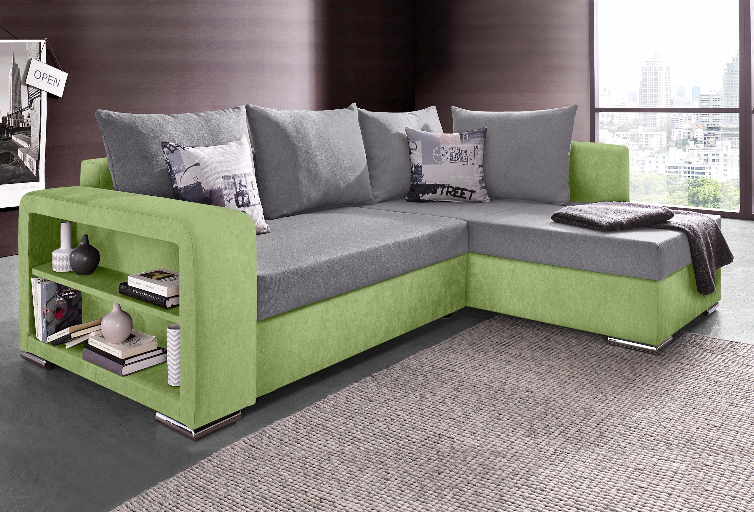 COLLECTION AB "John L-Form, B: 226 cm, Schlaffunktion & Bettkasten" Regalelement & 2 Zierkissen, Couch optional mit Federkern