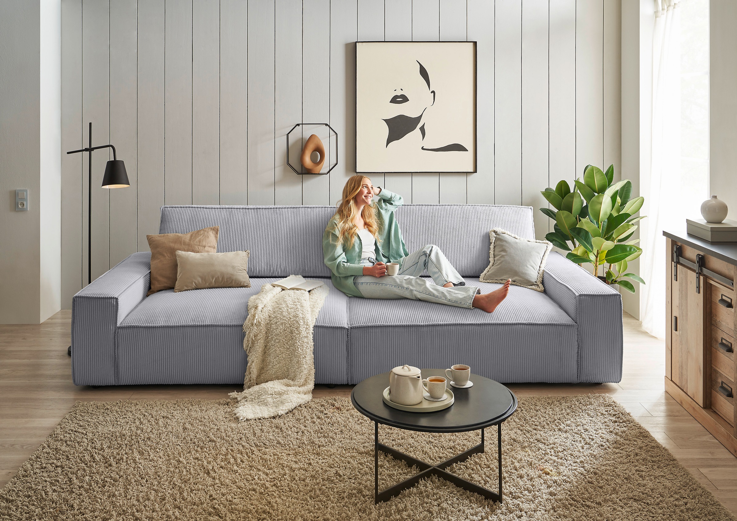Home affaire Big-Sofa »NEU: SHERWOOD XXL, Big-Sofa (316cm), extra tiefe Sitzfläche 95 cm«, bequemer Sitzkomfort, Cord u. Leinenoptik, Kedernaht