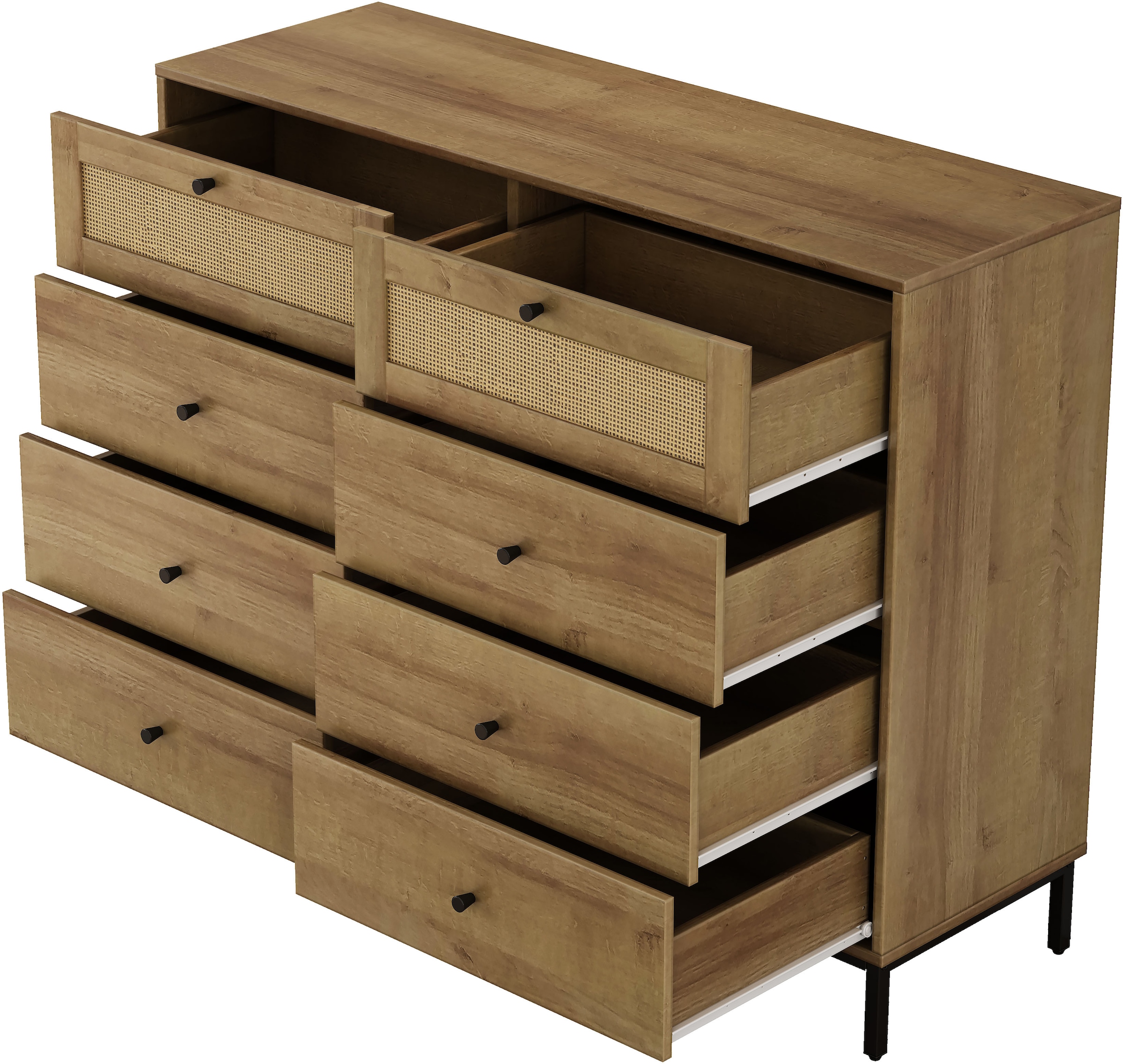 OTTO home Kombikommode »Motala Wäsche Schrank mit 8 Schubladen Sideboard BOHO Design« Eichen-Design mit schwarzen Griffen und Geflecht Schubladen,  Kommode Schrank Wäscheschrank mit 8 Schubladen