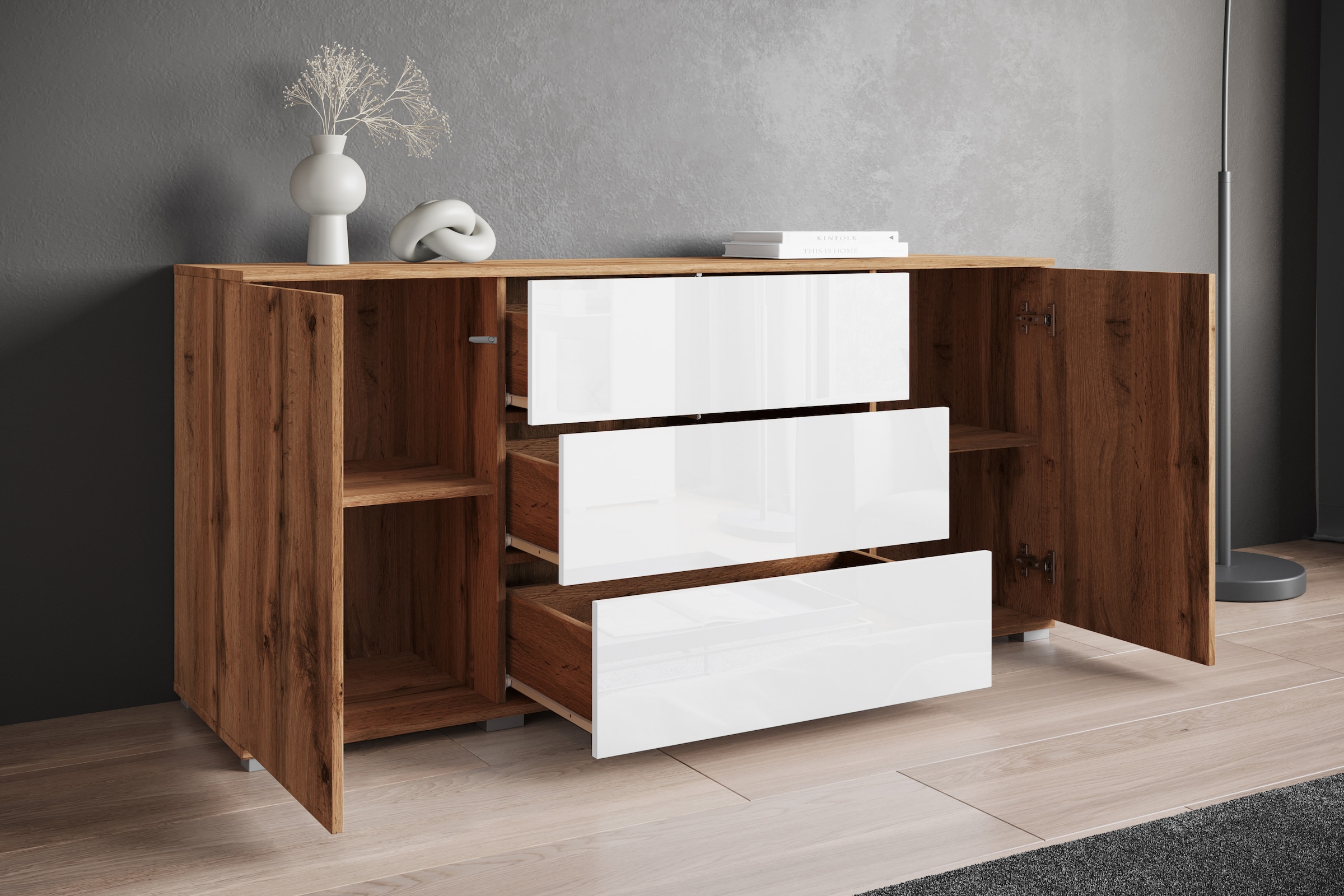 INOSIGN Sideboard »Kenia«, (1 St.), Modernes Sideboard mit 3 Schubladen und 4 Fächern, Breite 150 cm