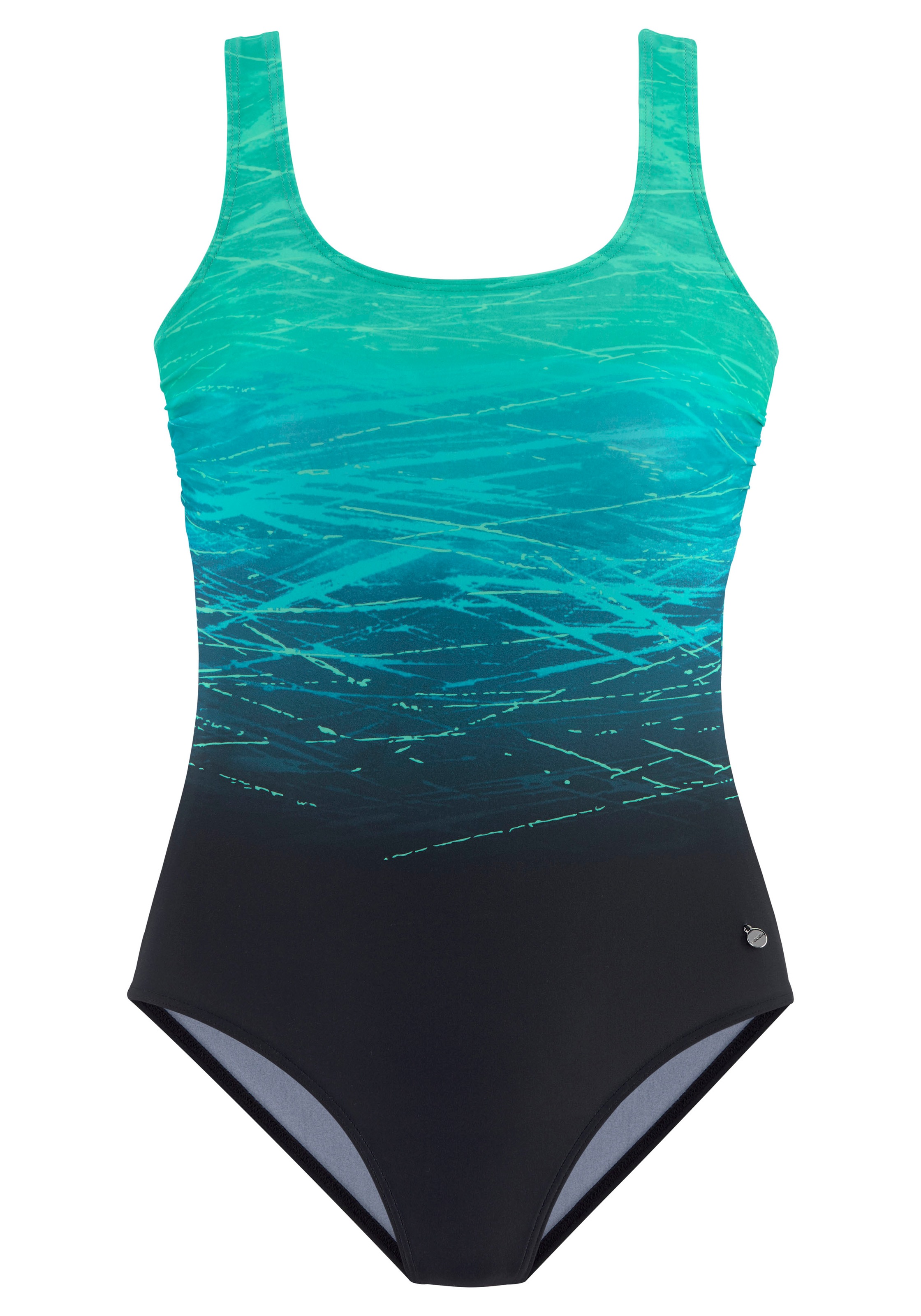 LASCANA, Damen, Badeanzug mit Batikprint und Shaping-Effekt, schwarz-grün, Cup C, 44 - Cup C, schwarz-grün, In trendiger Batik-Optik