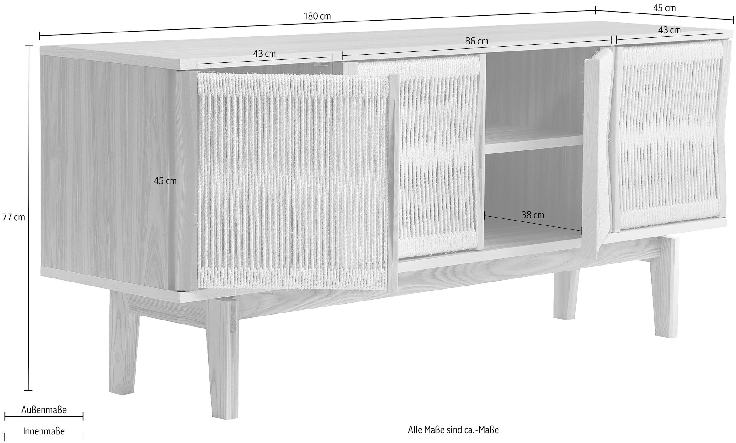Woodman Sideboard »Lidia«, Kommode, Türenfronten aus nartürlichem Hanfseil, Breite 180 cm, FSC®