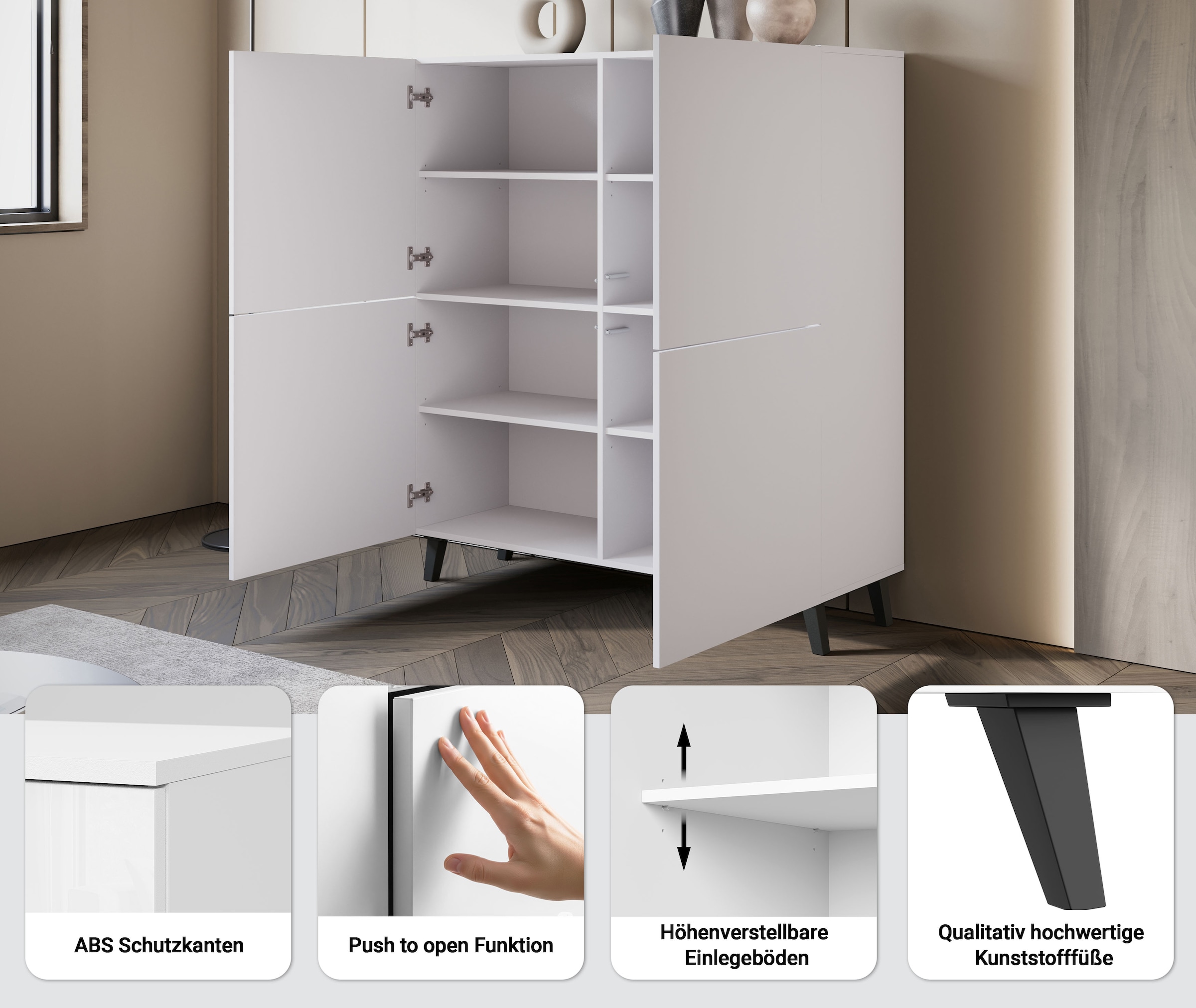 Home affaire Highboard »HIGHBOARD PHUKET II, Stilvolle, grifflose Hochkommode, Breite 120cm« Mit 4 Türen und 8 Fächern und höhenverstellbaren Einlegeböden