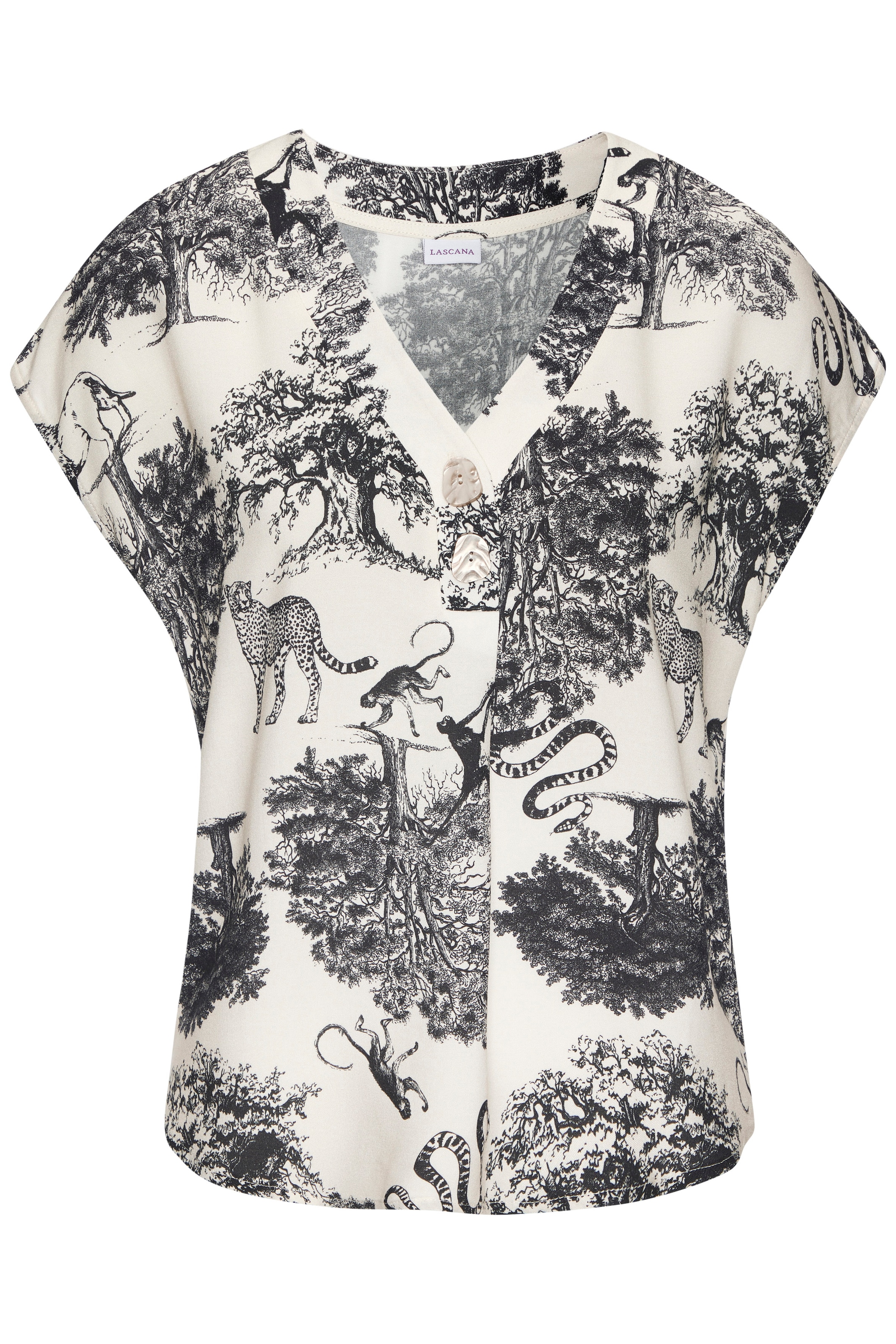 LASCANA Schlupfbluse mit Alloverdruck und Knöpfen, Kurzarmbluse, sommerlich