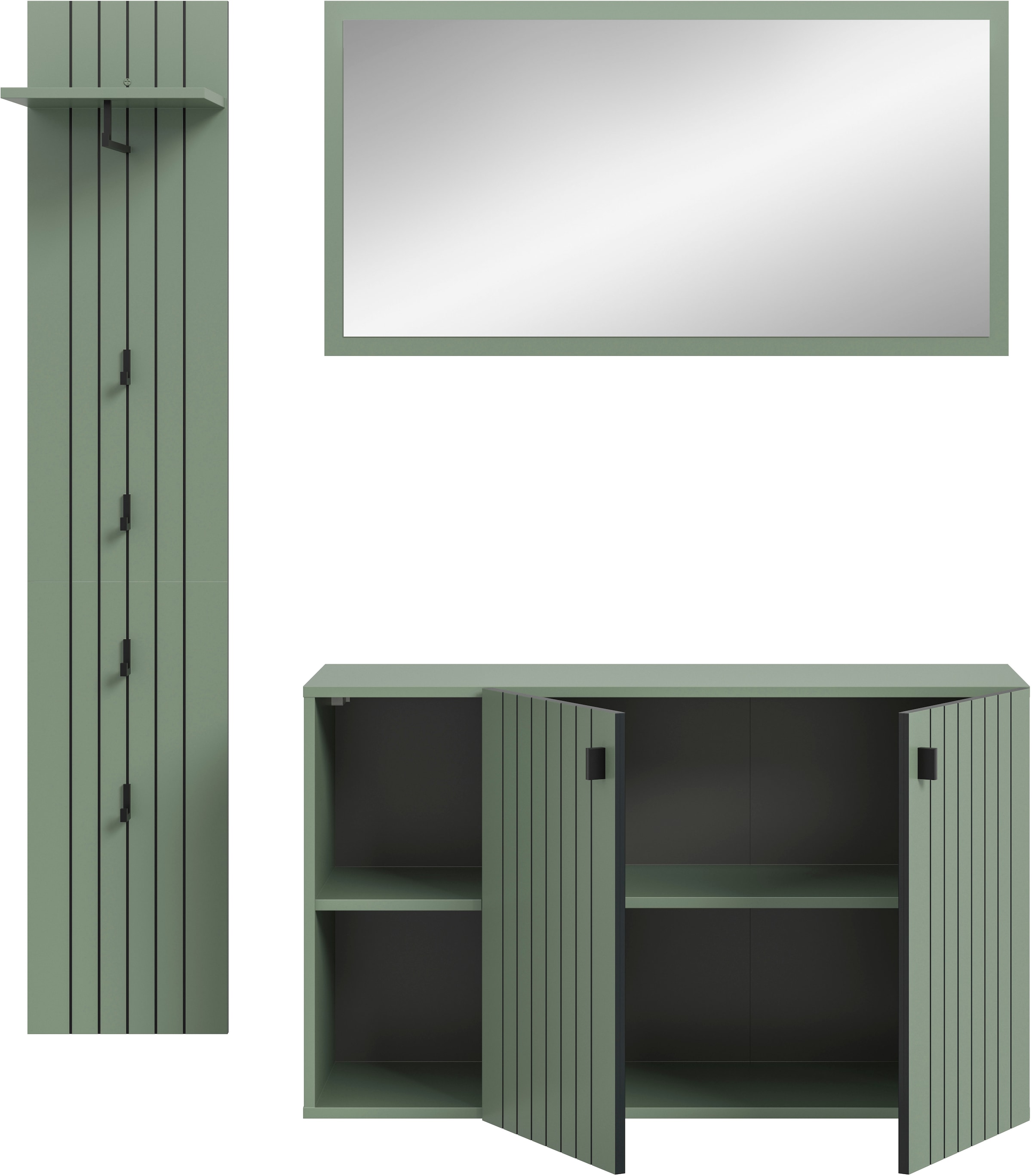 INOSIGN Garderoben-Set »TATIO, 3-tlg. Garderobenkombination, Breite: 152 cm, Rilenfräsung« Set, Set, best. aus: 1 Garderobenpaneel, 1 Spiegel, 1 Schuhkommode, 3 Stk. tlg.