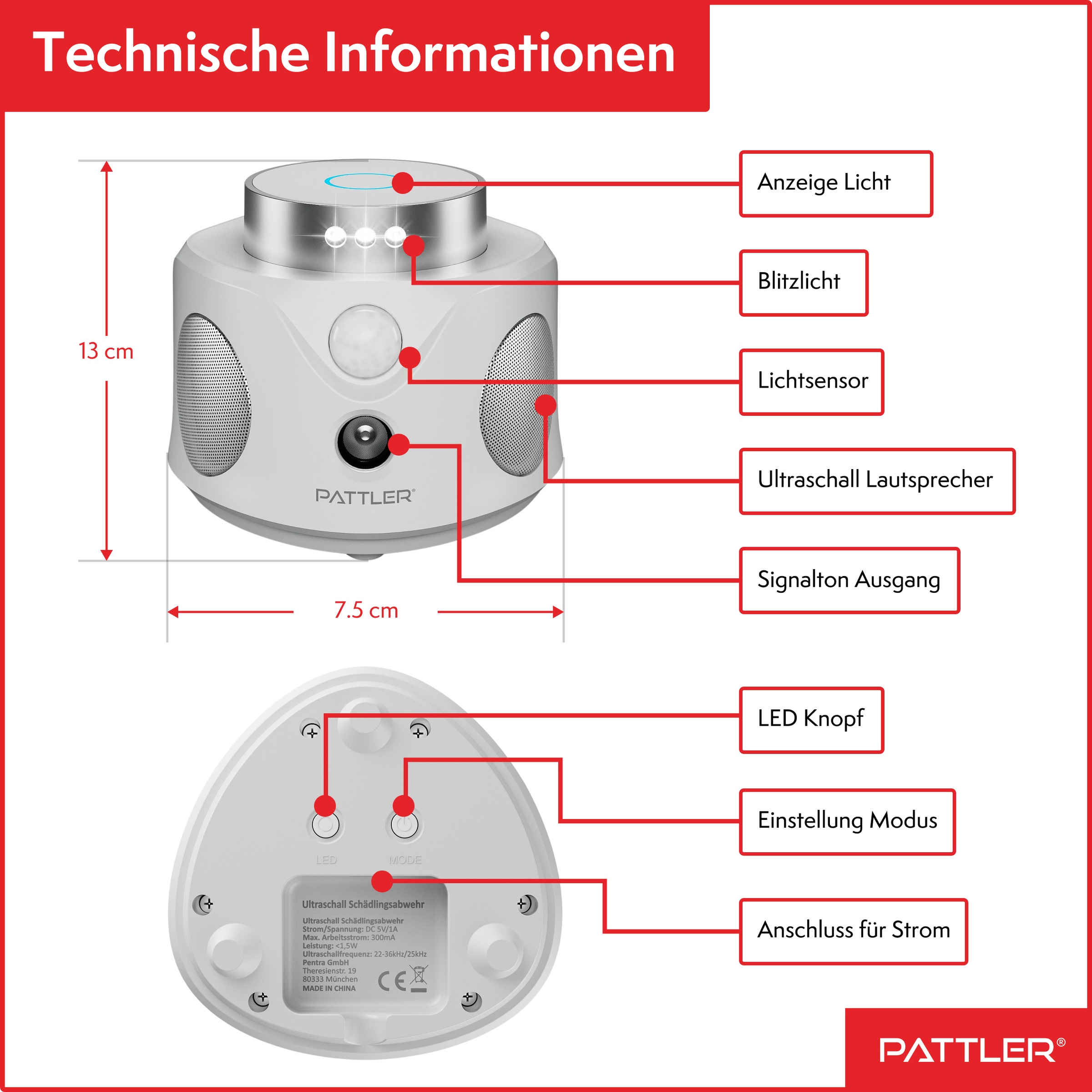 Pattler Ultraschall-Tierabwehr »360° Ultraschall Mäuseabwehr« 2 Geräte