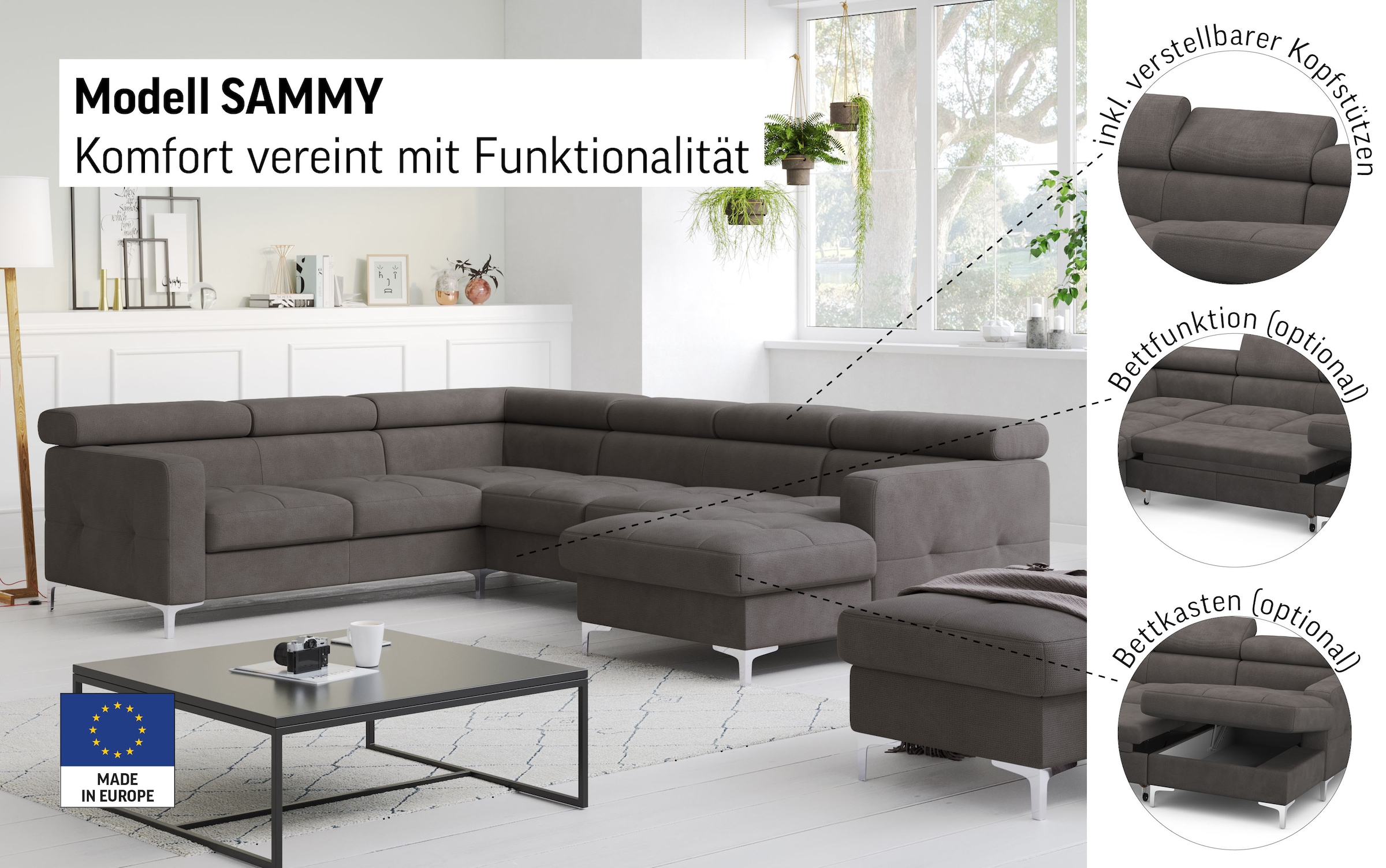 COTTA Wohnlandschaft »Sammy U-Form«, mit Kopfteilverstellung, wahlweise mit Bettfunktion & Bettkasten