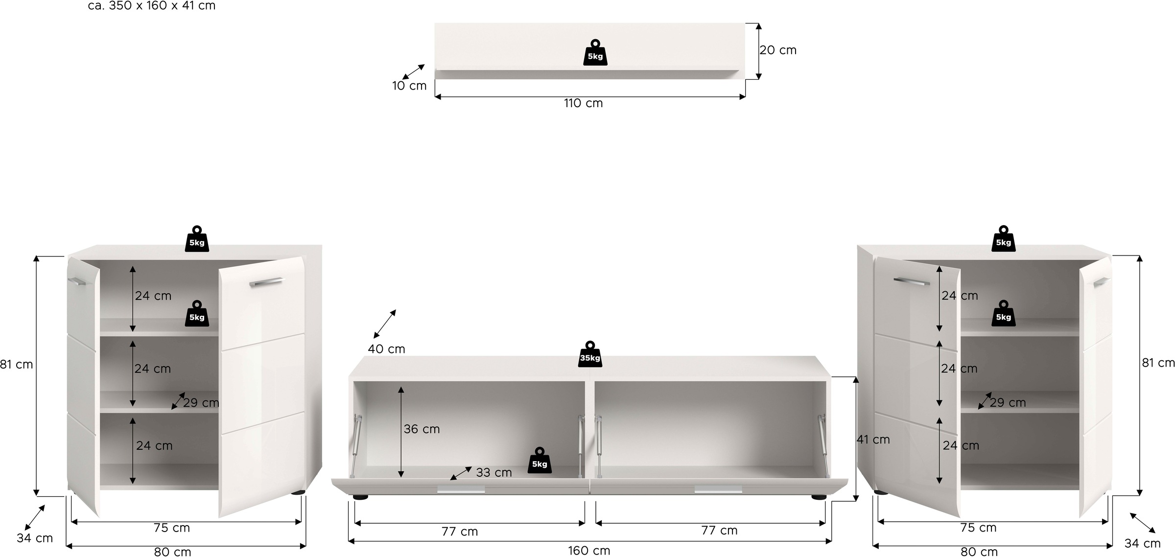 INOSIGN Wohnwand »FLORENZ, 4-teilige Wohn-Kombination, hochwertige MDF-Front« Set, Set, best. aus: 2 Kommoden, 1 Lowboard, 1 Wandboard, 4 Stk. tlg.