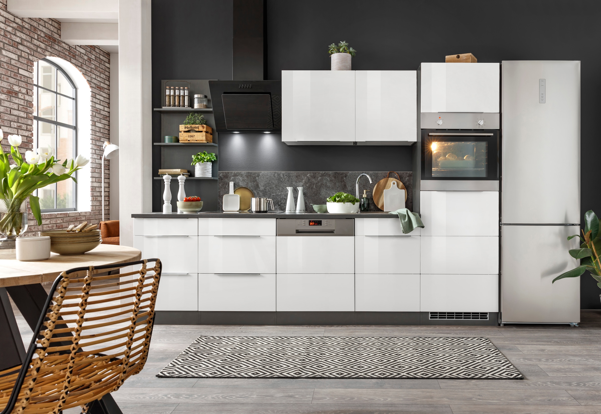 KOCHSTATION Küchenzeile »KS-Brindisi Breite 280 cm« wahlweise mit E-Geräten und Induktion, mit MDF-Fronten und Regal
