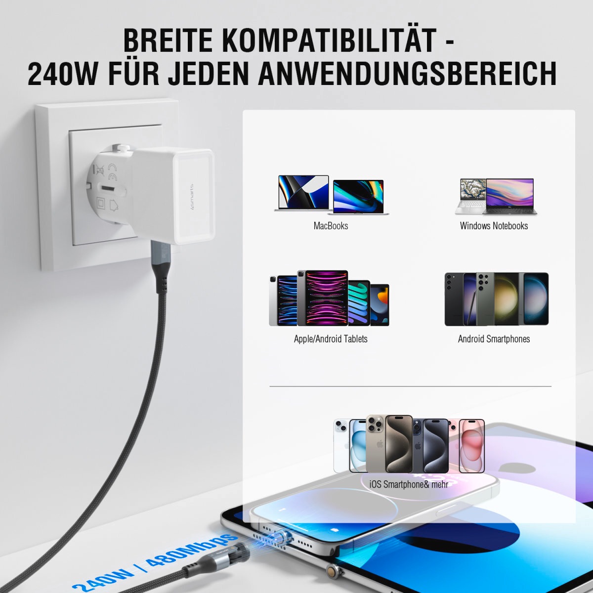 4smarts USB-Kabel »USB-C 540° Magnetkabel-Set GravityCord 240W«, USB Typ C, 180 cm
