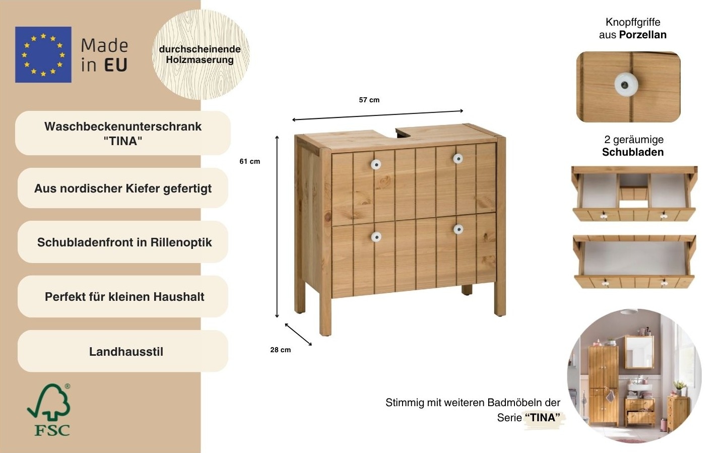 Home affaire Waschbeckenunterschrank »Tina« Badmöbel,  Schrank, Breite 57 cm, Massivholz