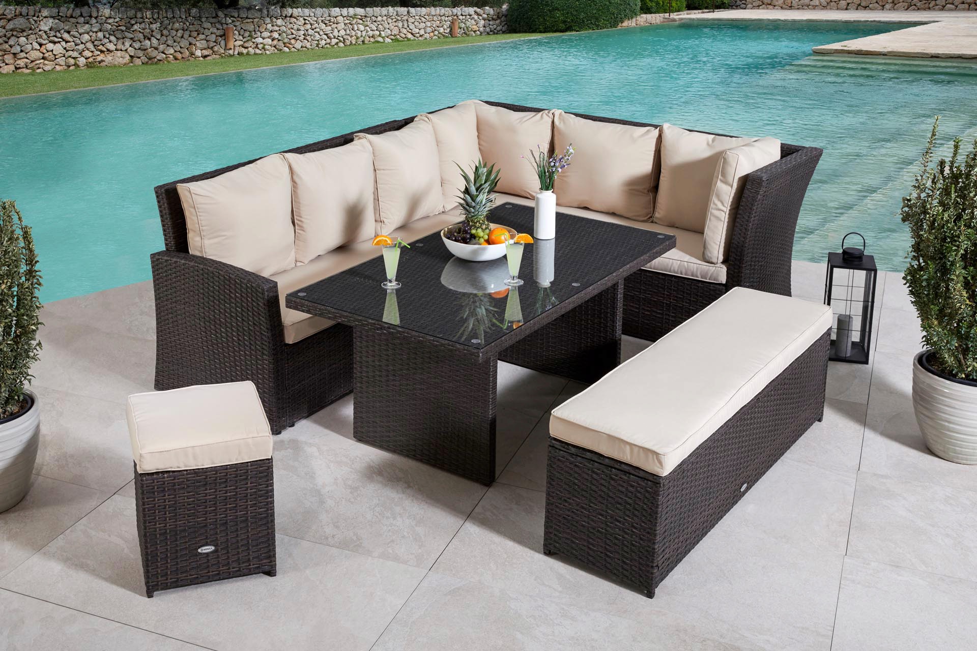 MERXX Gartenlounge-Set »Barcelona«, (5 tlg.), 2 Sofas, Sitzbank, Hocker, Tisch