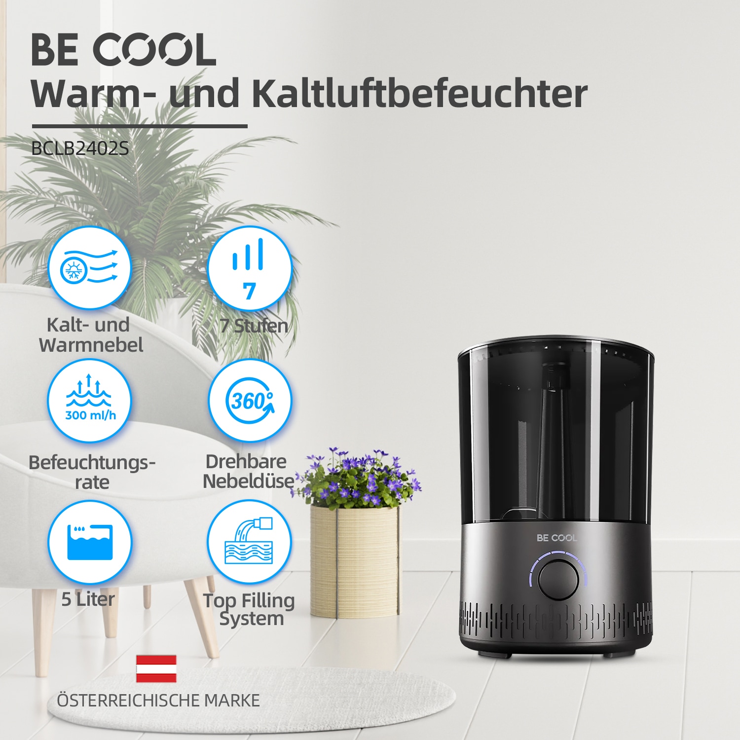 be cool Luftbefeuchter »Warm-/Kaltluft-Luftbefeuchter BCLB2402S«, 5 l Wassertank, von oben befüllbar, 360°-Drehung (Nebelrichtung)
