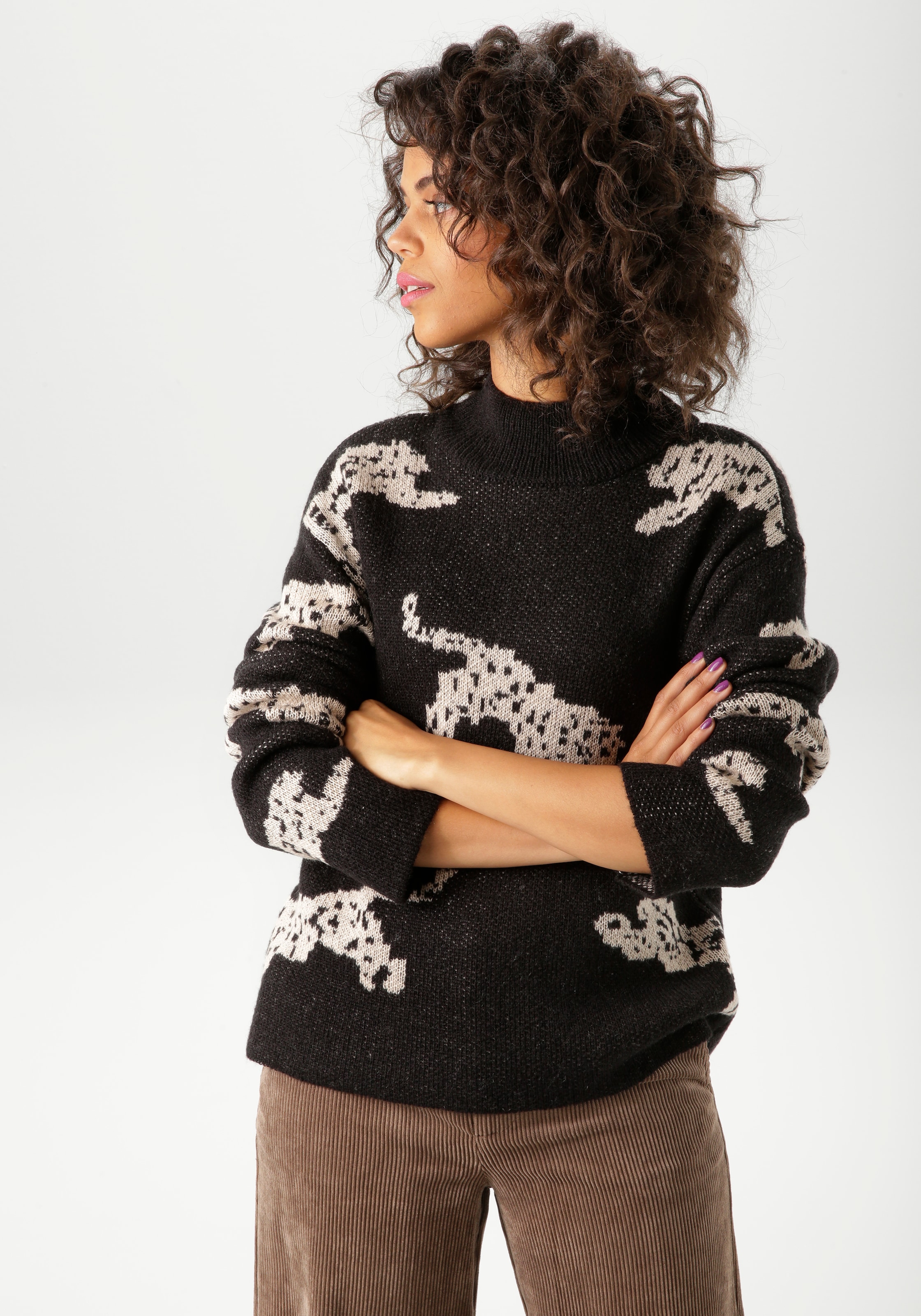 Aniston CASUAL Strickpullover mit eingestrickten Leoparden - NEUE KOLLEKTION