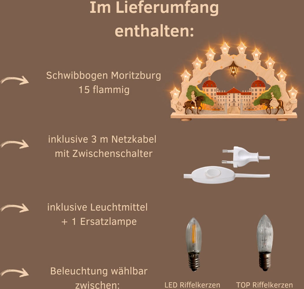 Weigla LED Schwibbogen »Moritzburg, Lichterbogen aus Holz, Made in Germany« 1 Stk. Erzgebirge garantiert, Weihnachtsdeko Innen, Weihnachtsbeleuchtung