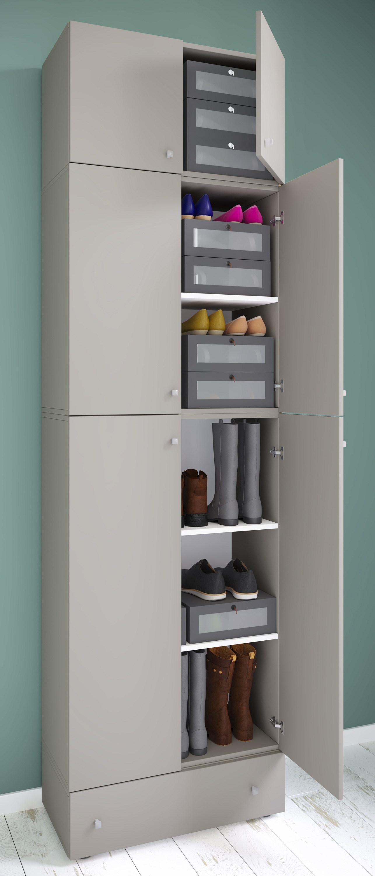 VCM Schuhschrank »VCM Holz-Schuhschrank | Maße: H. 240 x B. 70 x T. 39 cm| Allzweckschrank | 5 Fächer | 4 Drehtüren | Aufsatz mit 2 Türen | extra Schublade¿ Lona«, (1 St.)