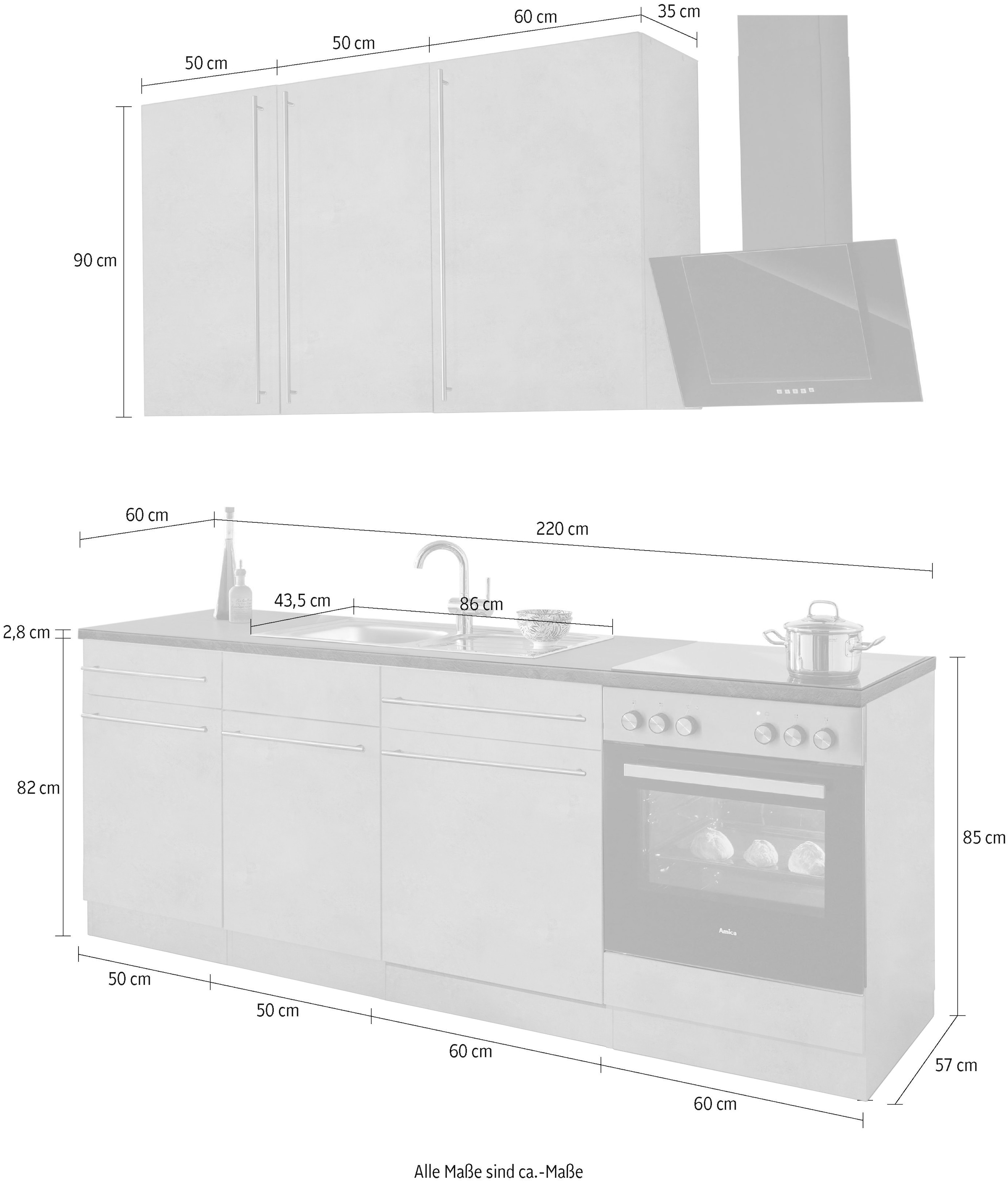 wiho Küchen Küchenzeile »Chicago«, mit E-Geräten, Breite 220 cm