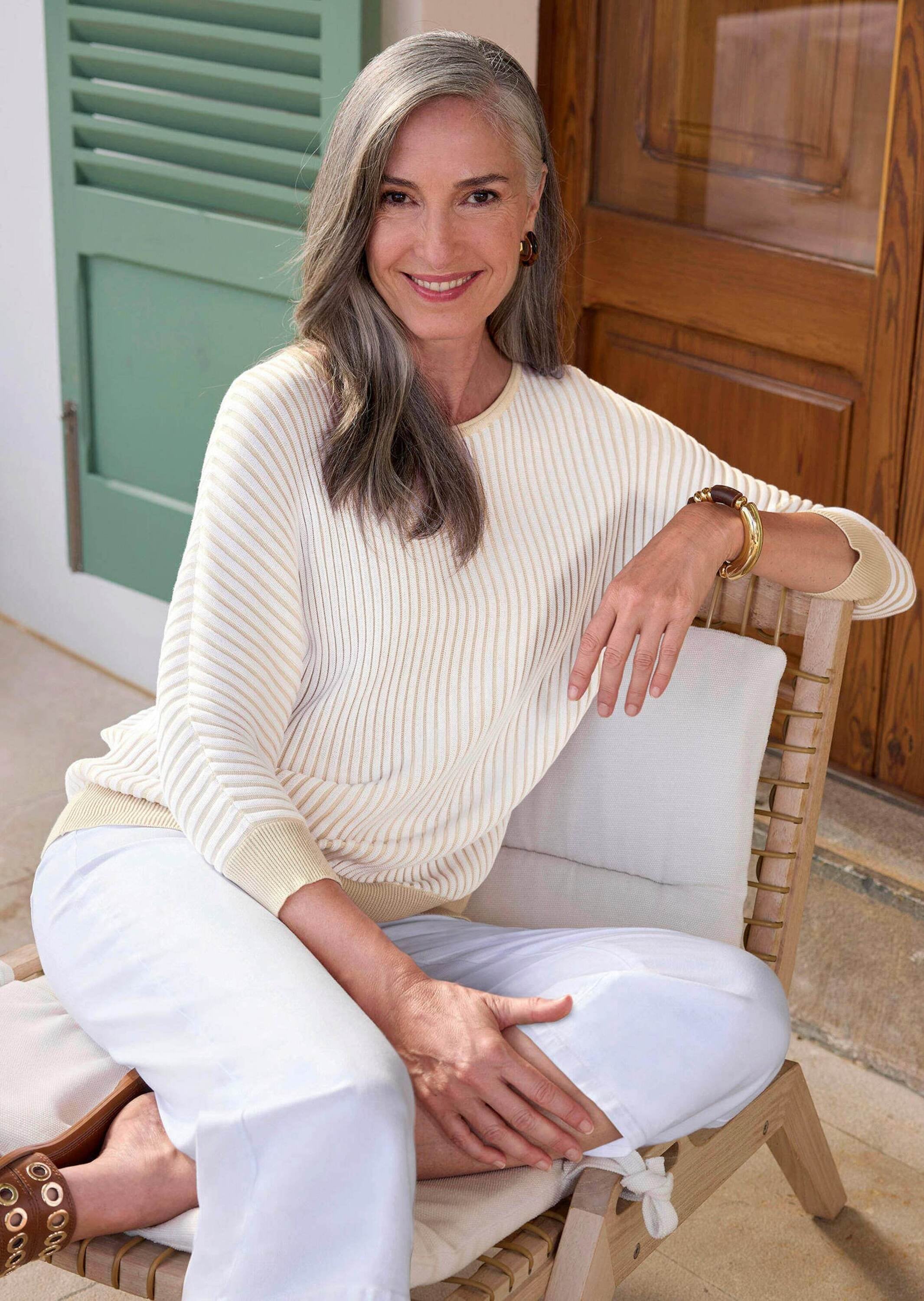 GOLDNER Rundhalspullover »Kurzgröße Baumwollmix mit Fledermausärmeln und Rippstruktur«