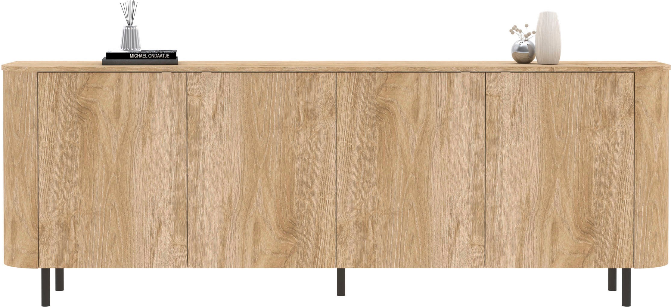 Home affaire Sideboard »Murano, 231 cm breit, 4 Türen, Anrichte, Kommode, Stauraumschrank« Formgebogenes MDF, Stirnseiten mit Rundung, Füße und Griffe aus Metall