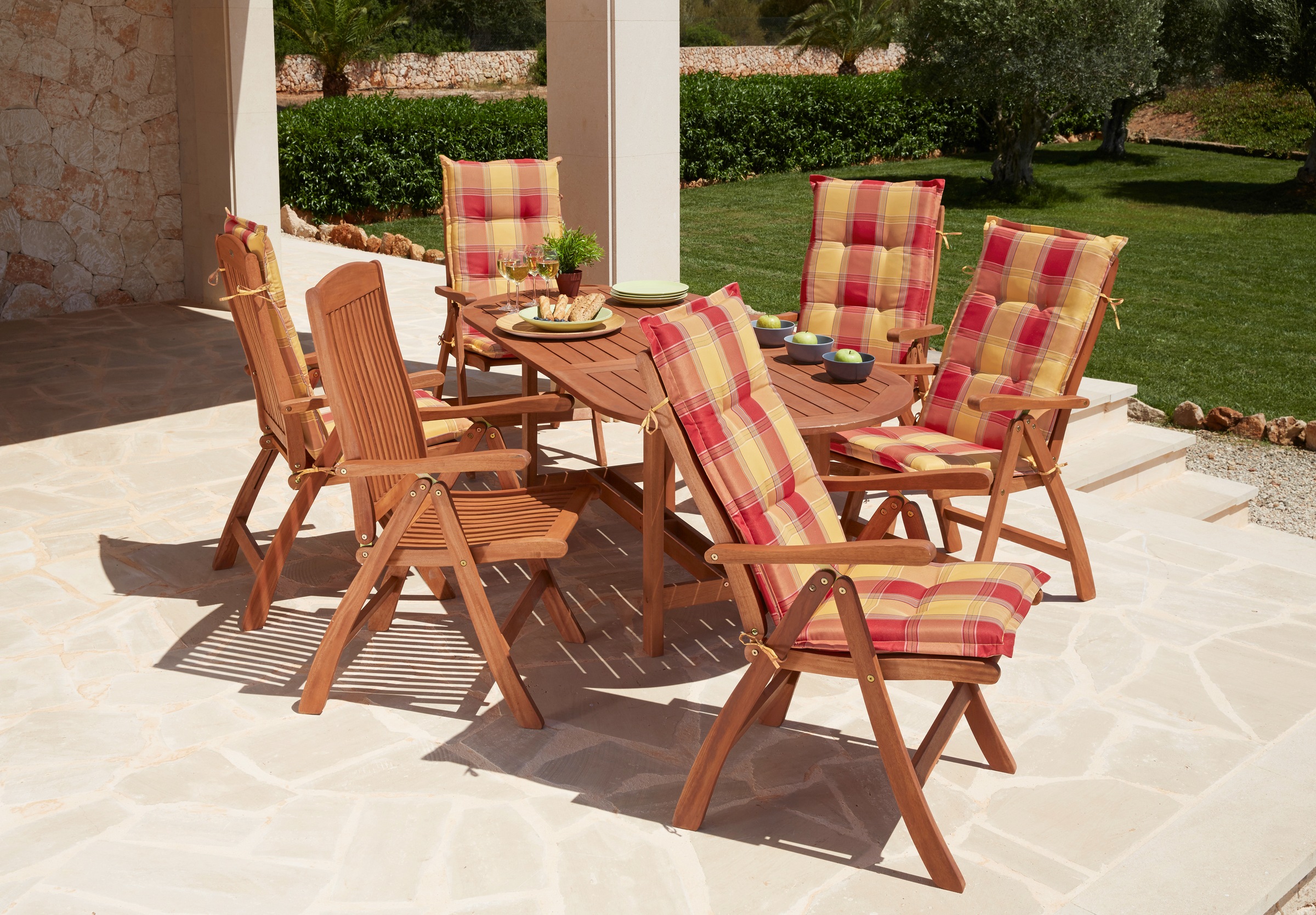 MERXX Garten-Essgruppe »Maracaibo«, (13 tlg., 6xKlappsessel, inkl. Auflagen, 1x Ausziehtisch 160(210)x90 cm), Eukalyptusholz, FSC Mix, geeignet für 6 Personen