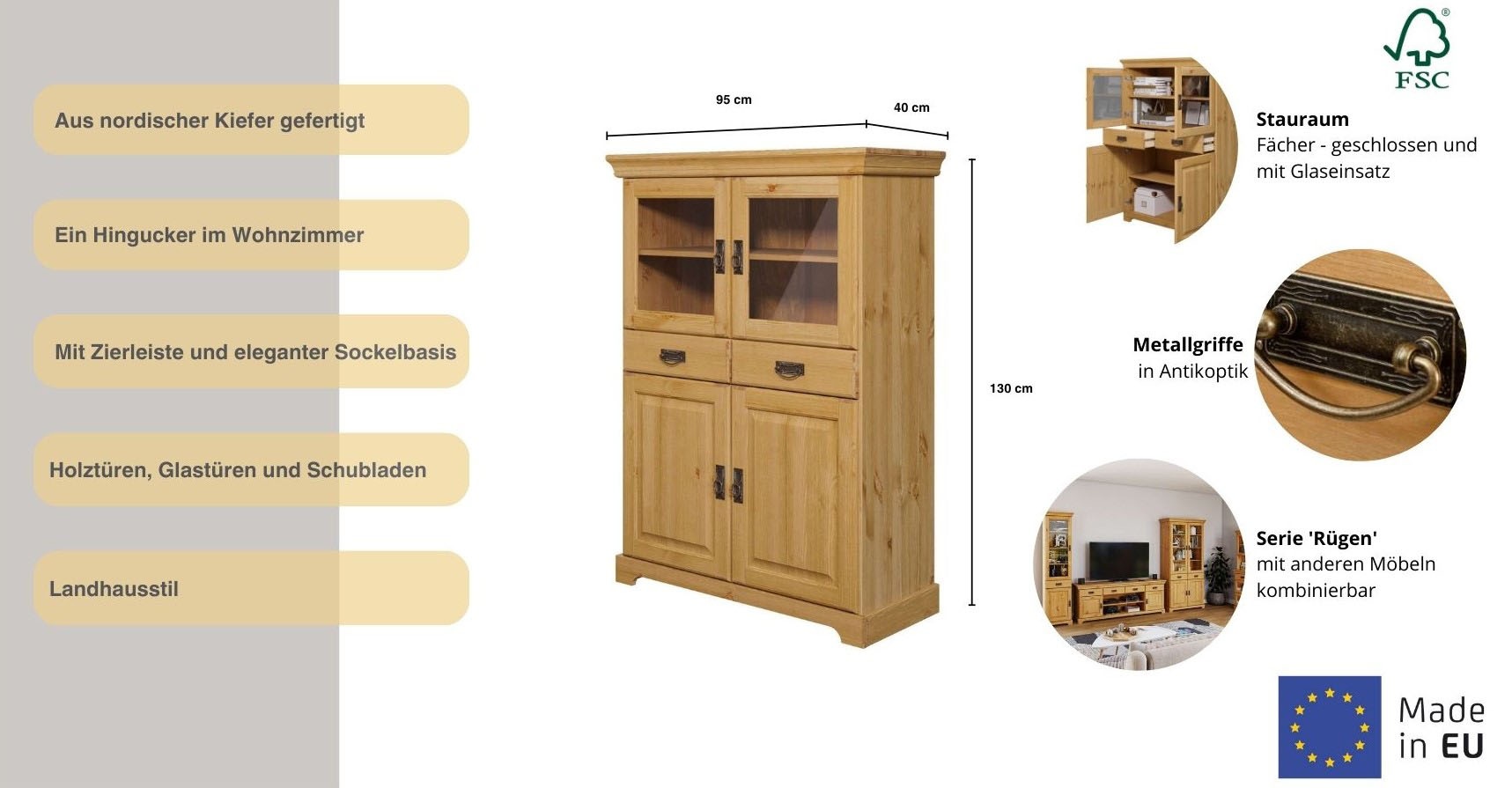 Home affaire Highboard »Rügen«, Vitrine im Landhausstil, zertifiziertes Massivholz, Höhe 131 cm