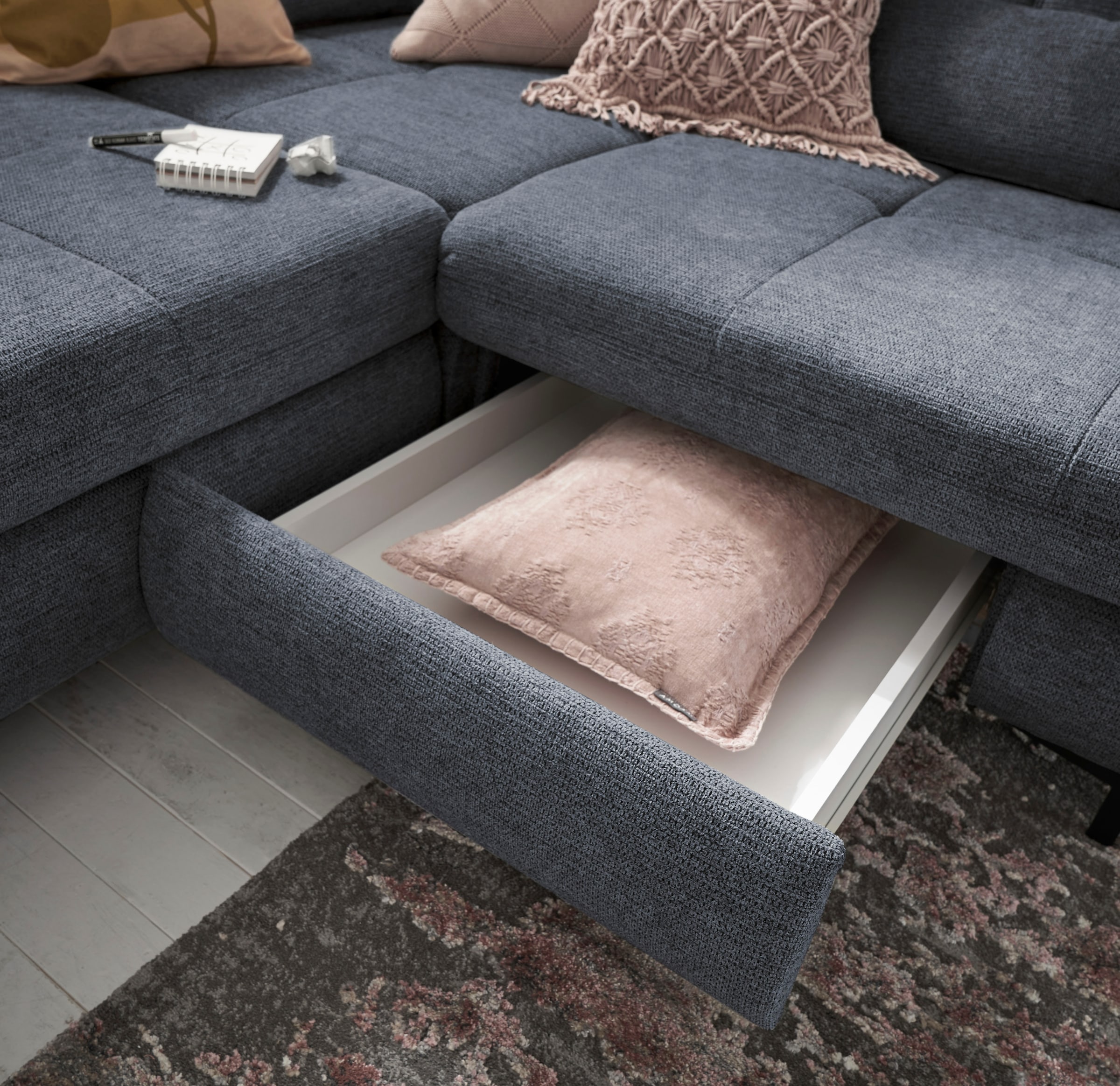 set one by Musterring Ecksofa »SO 3400 Sitzhöhe 47cm oder 49cm, Sitztiefe verstellbar, B/T 317/220 cm«, Kaltschaumpolsterung, Flachgewebe, whlw. mit weiteren Funktionen