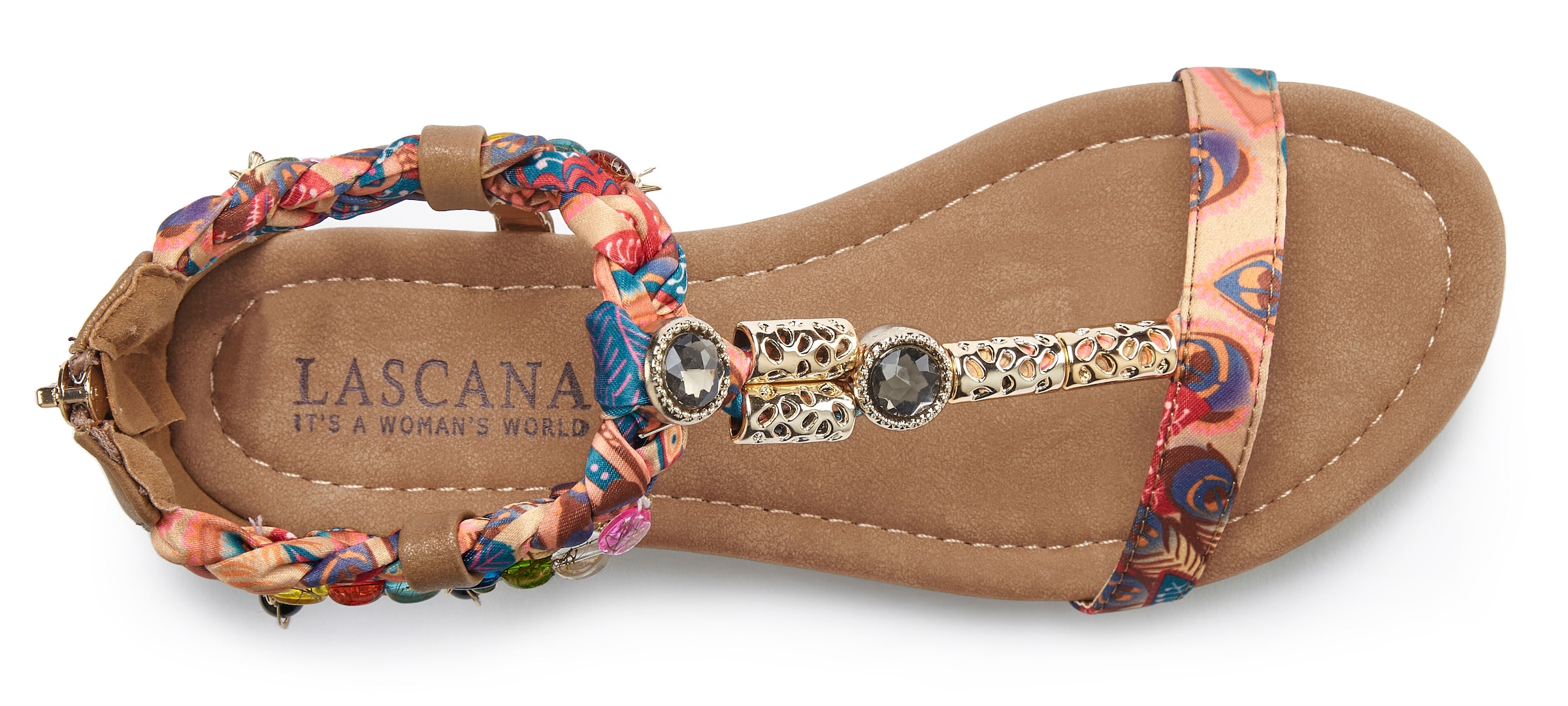 LASCANA Sandale »Sommerschuh, Sandalette,«, mit Schmuckkettchen und Schmucksteinen im Festival-Look VEGAN