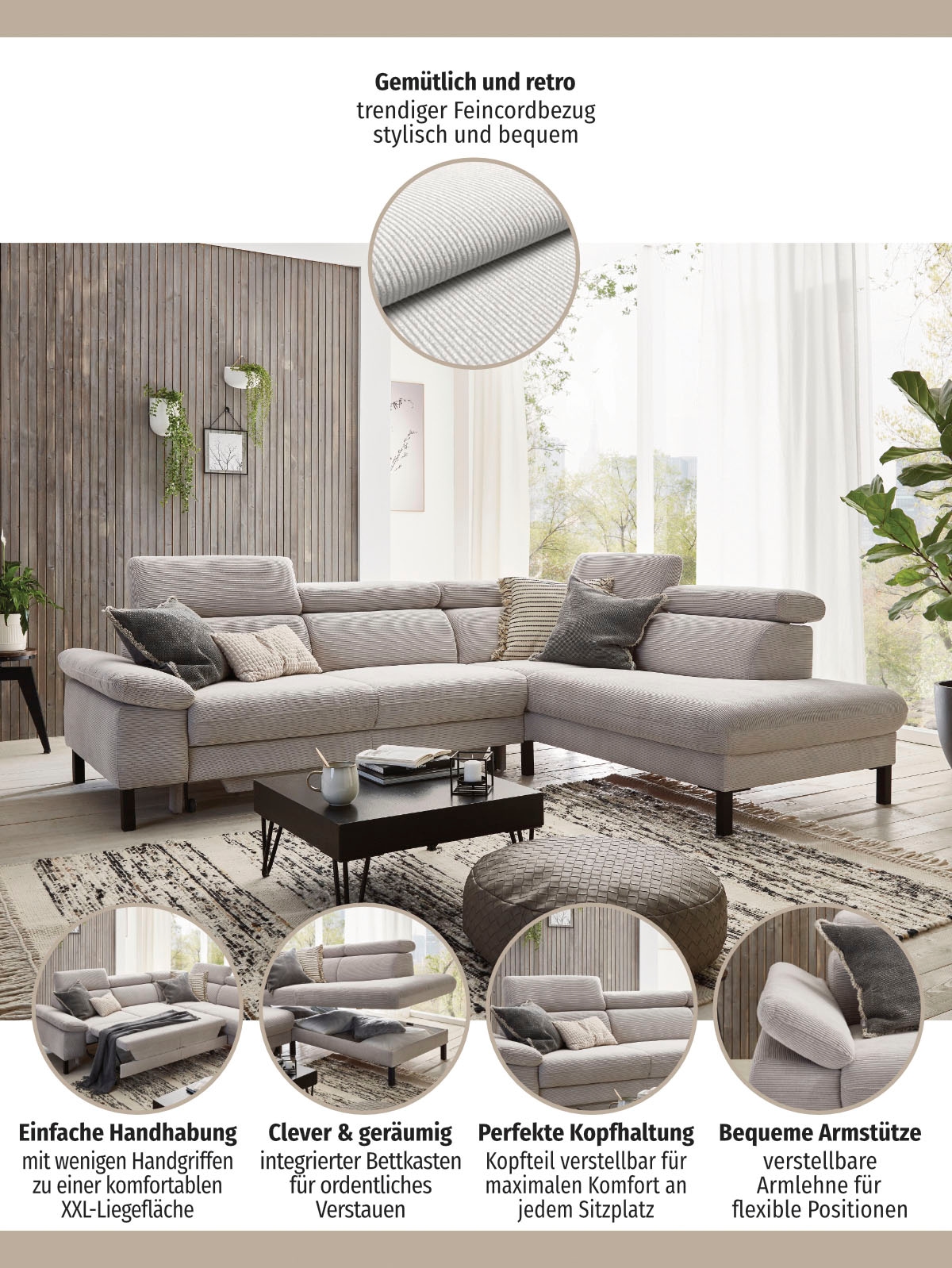 Home affaire Ecksofa »Arnayon mit Querschläfer-Bettfunktion, Schlafsofa, großer Bettkasten«, manuelle Kopfteilverstellung, Tonnentaschen-Federkern, Feincord L-Form