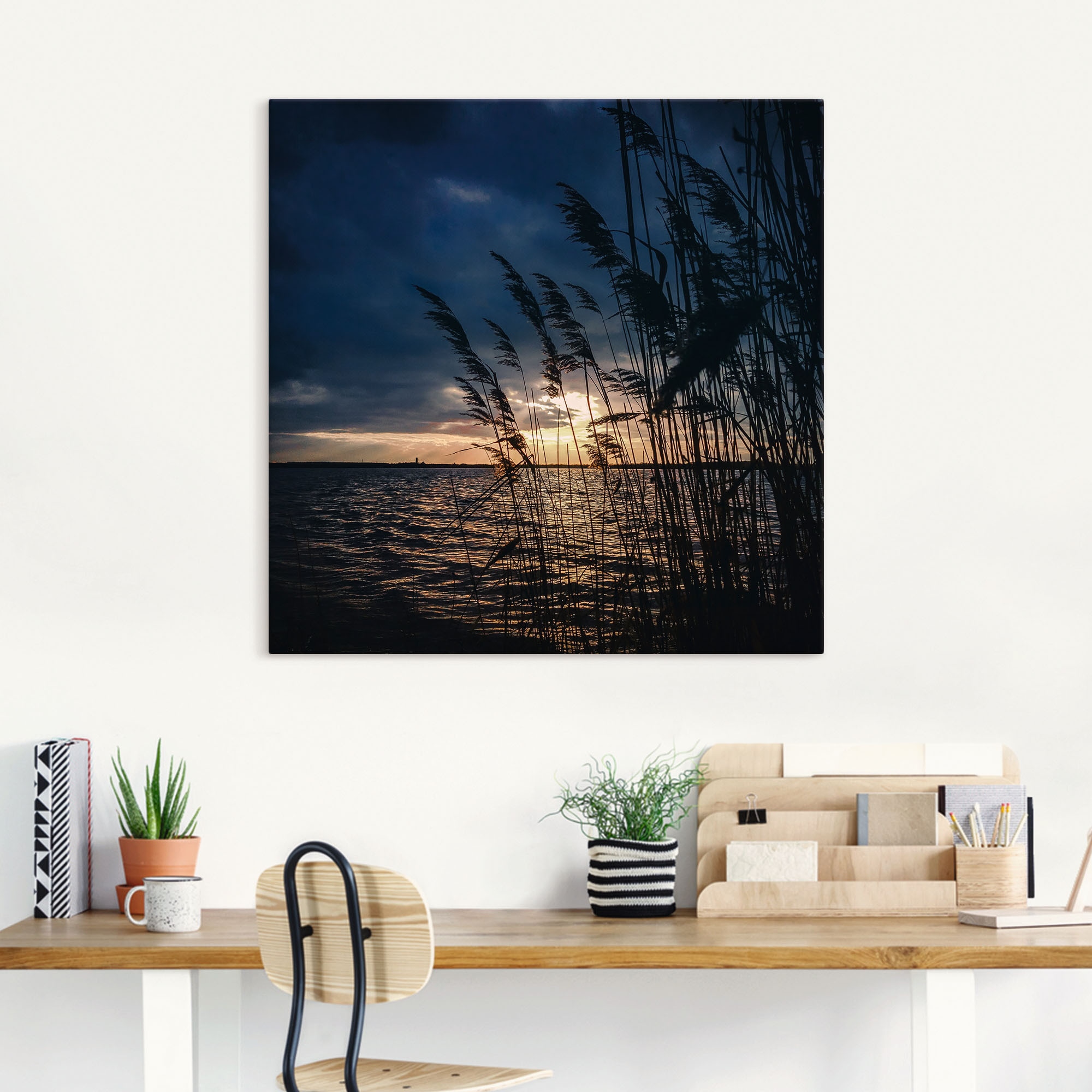 Artland Alu-Dibond-Druck »Sonnenuntergang mit Schilf am See«, Seebilder, (1 St.), für Innen- und Außenbereich geeignet, Outdoorbild