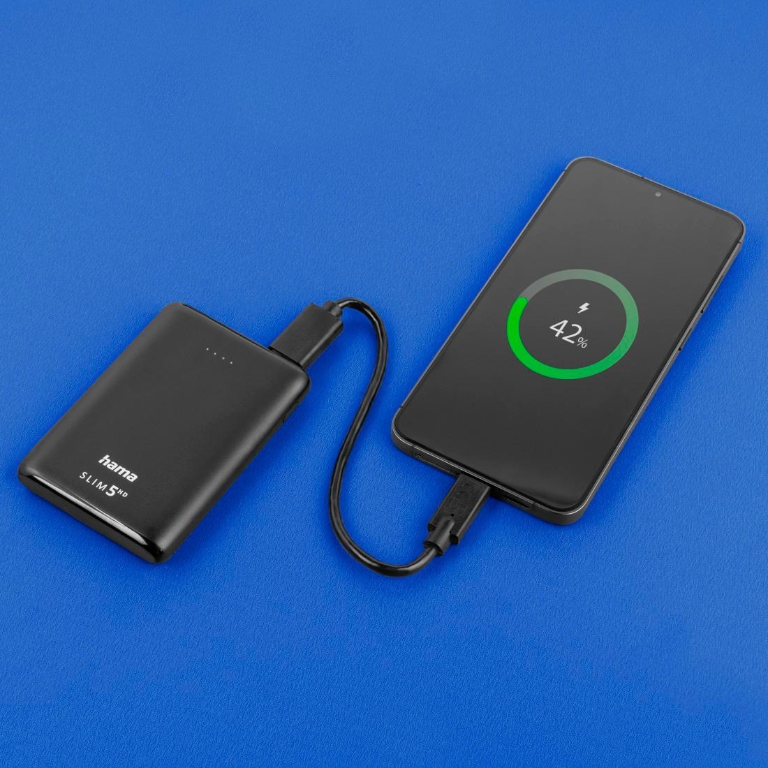 Hama Powerbank »Power Pack, Ausgang 1x USB-A, Eingang 1x Micro-USB, klein und leicht«, Power Pack "SLIM 5HD" 5000mAh, Ausgang USB A, 5000 mAh, 3,7 V