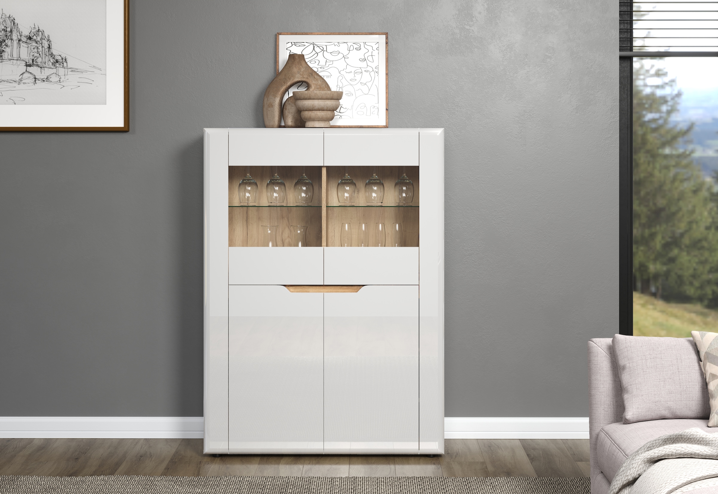 INOSIGN Vitrine »Graz Highboard mit Glastüren«, (Packung, 1 St.), Grifflos, Breite 96 cm, Höhe 132 cm