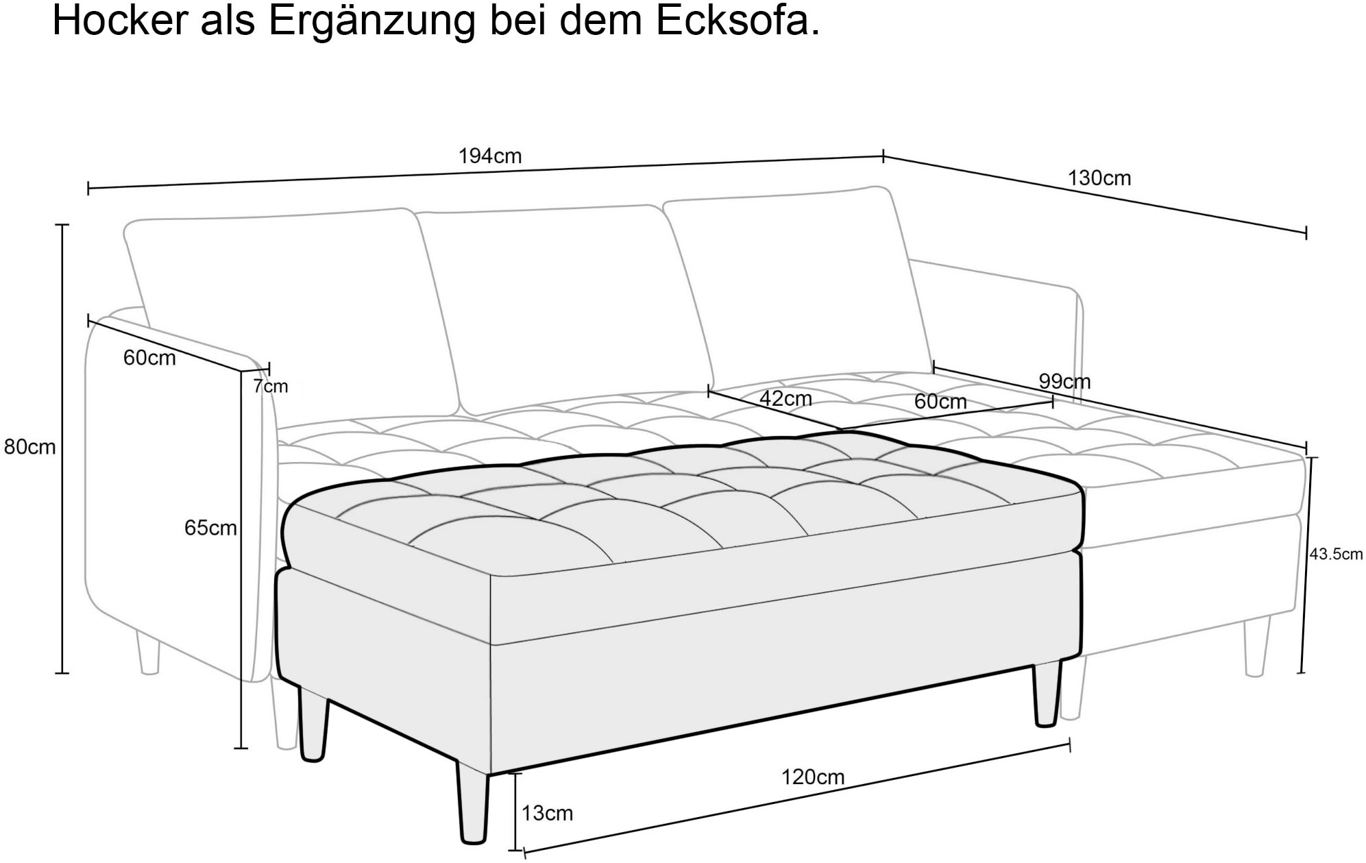 Dorel Home Hocker »LINDHUS, Cord, Modul für die Lindhus-Sofas- Breite 120 cm« verlängert das Sofa zum Schlafsofa, Relaxsofa....