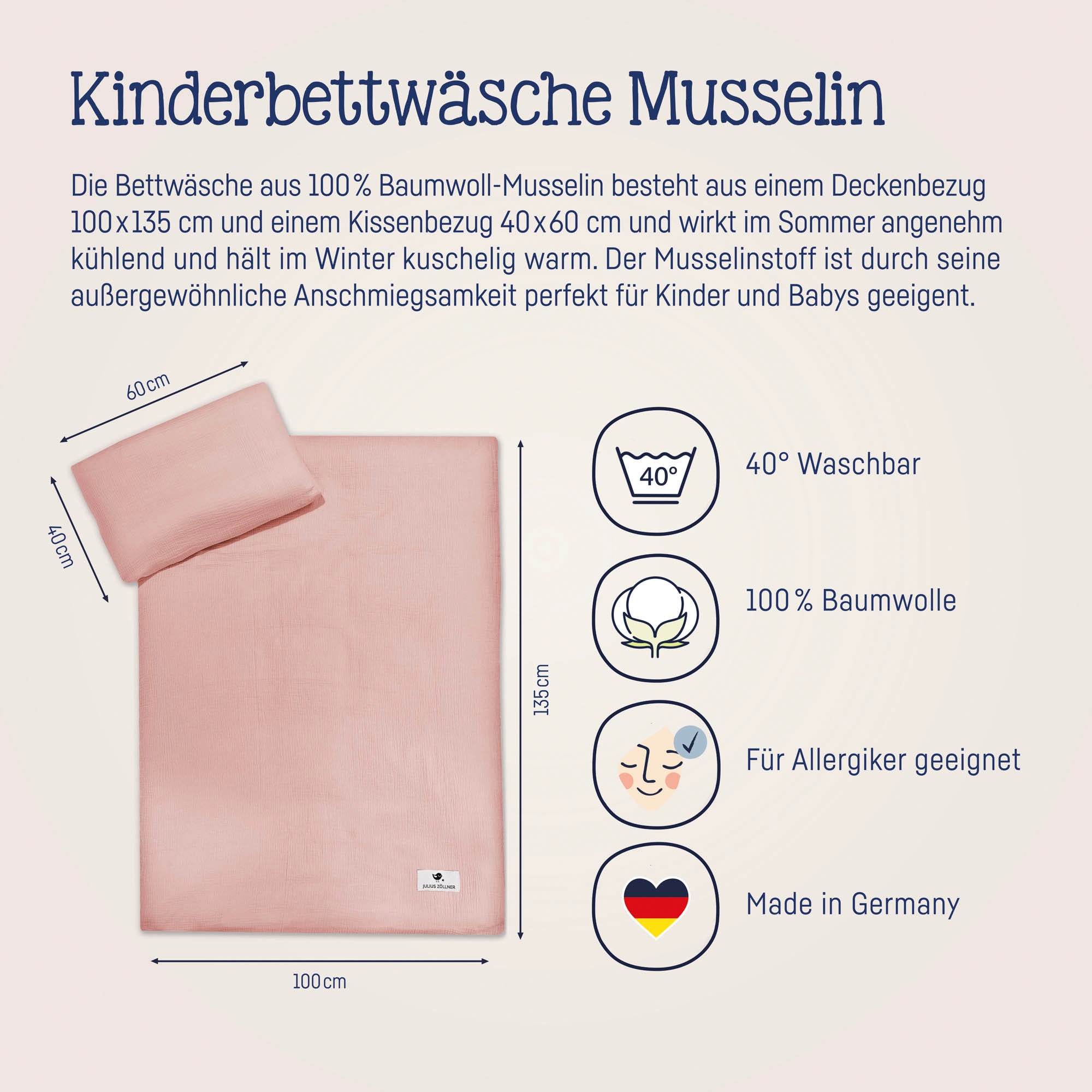 Julius Zöllner Kinderbettwäsche »Baby- und Kinderbettwäsche aus 100% Musselin«, erhältlich in den Größen 80x80+35x40cm und 100x135+40x60cm